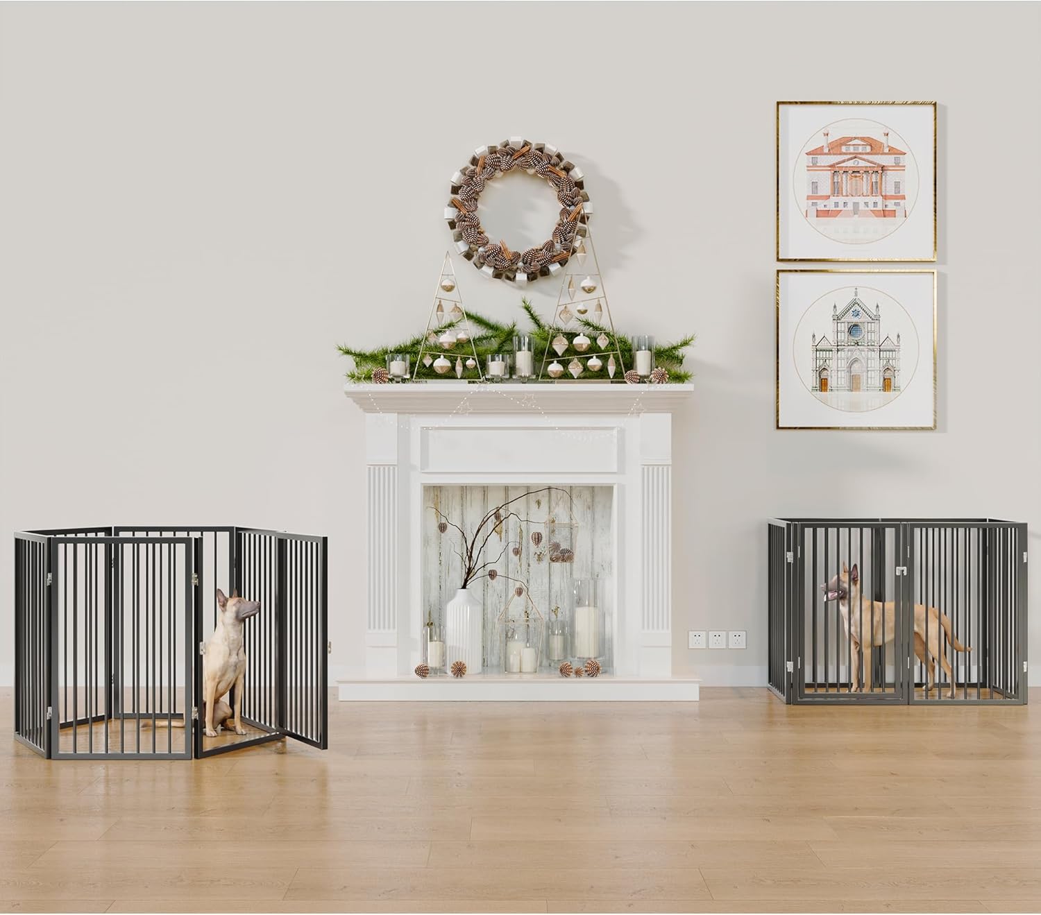 Vantas Folding No-Assembly Metal Pet Gate 120" Wide, 32" Extra Tall Dog Gate with Door Walk Through, Freestanding Accordion Puppy Gate Dog Door for Indoor & Outdoor, with 2PCS Support - Black