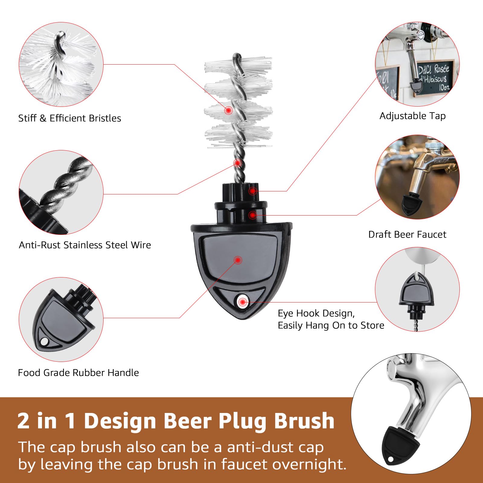 Tapón de grifo de cerveza, 5 tapones de grifo de cerveza y 5 fundas de goma para grifo de cerveza de barril y 1 cepillo de limpieza larga para la mayoría de grifos de cerveza estadounidenses