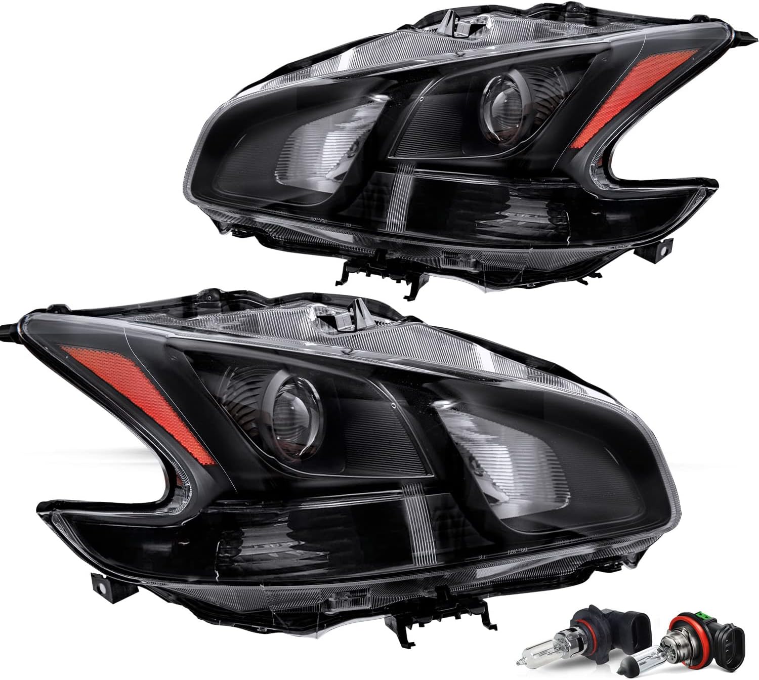 JSBOYAT Headlight Assembly Replacement for 2009-2014 Maxima 4-Door Sedan Halogen Projector Headlamp Driver and Passenger Side Black Housing with Amber Reflector (Bulbs Included)