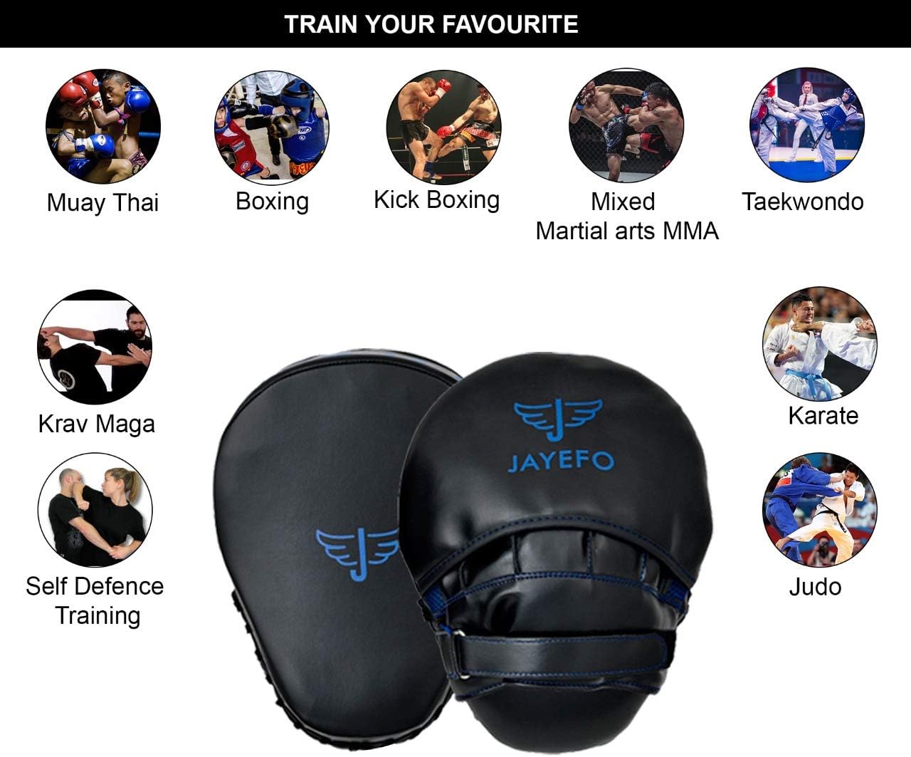 Jayefo Glorious Boxing Pads Focus Mitts for Training - Punching Blocking Pad for Boxing, Kick Boxing, MMA, Muay Thai and Material Arts - Curved Punch Mitts - Standard Size - Black