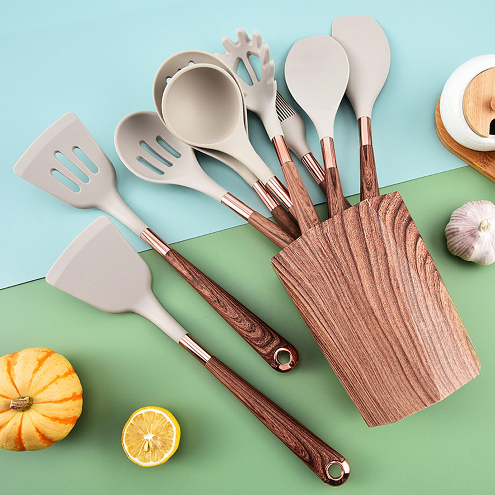 Generisch Kochutensilien Set Silikon Hitzebeständig, BPA-frei, spülmaschinenfest, 11-teilig mit Halter, antihaftbeschichtet, ergonomischer Silikongriff