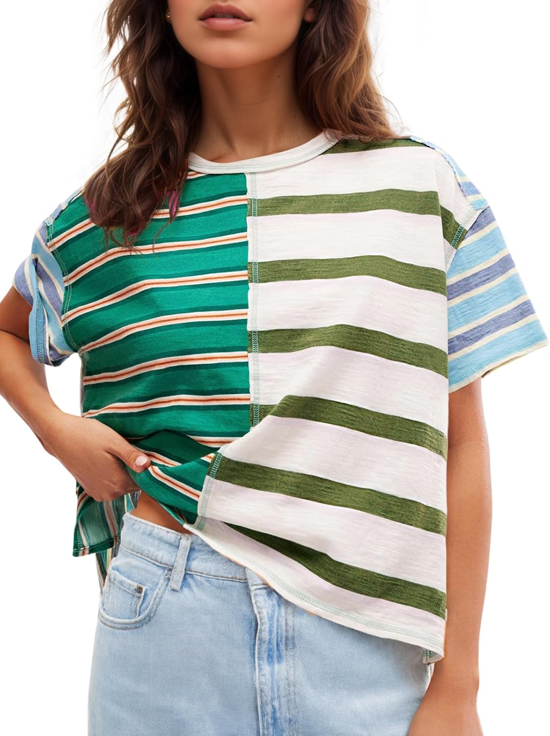 Tankaneo Womens Summer Striped Shirts Casual Color Block Short Sleeve Tops Loose Fit Crew Neck Tees