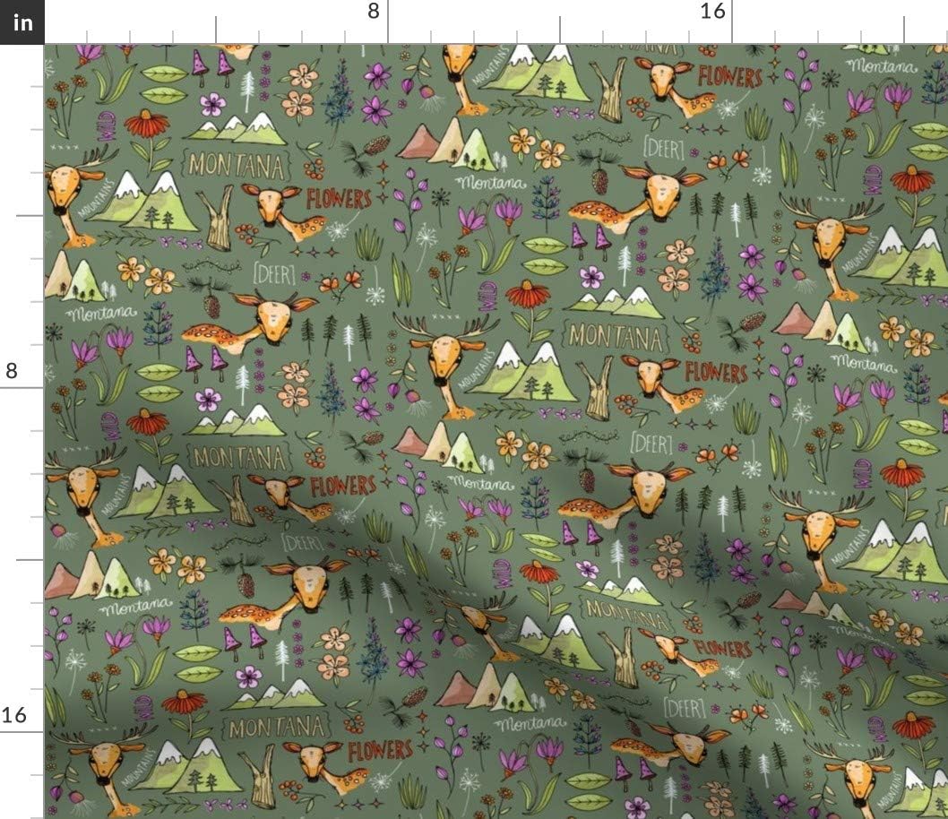 Spoonflower Fabric - Wild Deer Forest Wilderness Mountains Adventure Flowers Printed on Petal Signature Cotton Fabric by The Yard - Sewing Quilting Apparel Crafts Decor