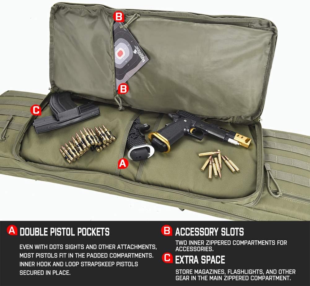 Lancer Tactical Classic Double Long Rifle Pistol Gun Bag - 42 Inch EVA Foam Tactical Firearm Transport Case with 600D Polyester, Backpack Straps, Lockable Compartment