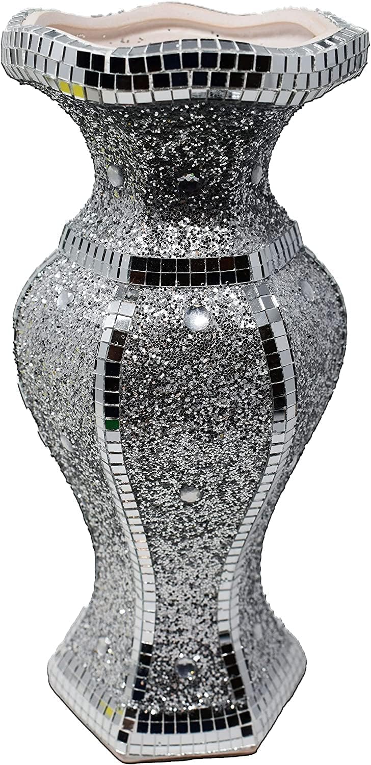 Jayogla Silver Crushed Diamond Sparkle Vase, Ceramic Floral Sculpture, 25Cm, Glittering Mirrored Centrepiece (, 30Cm)