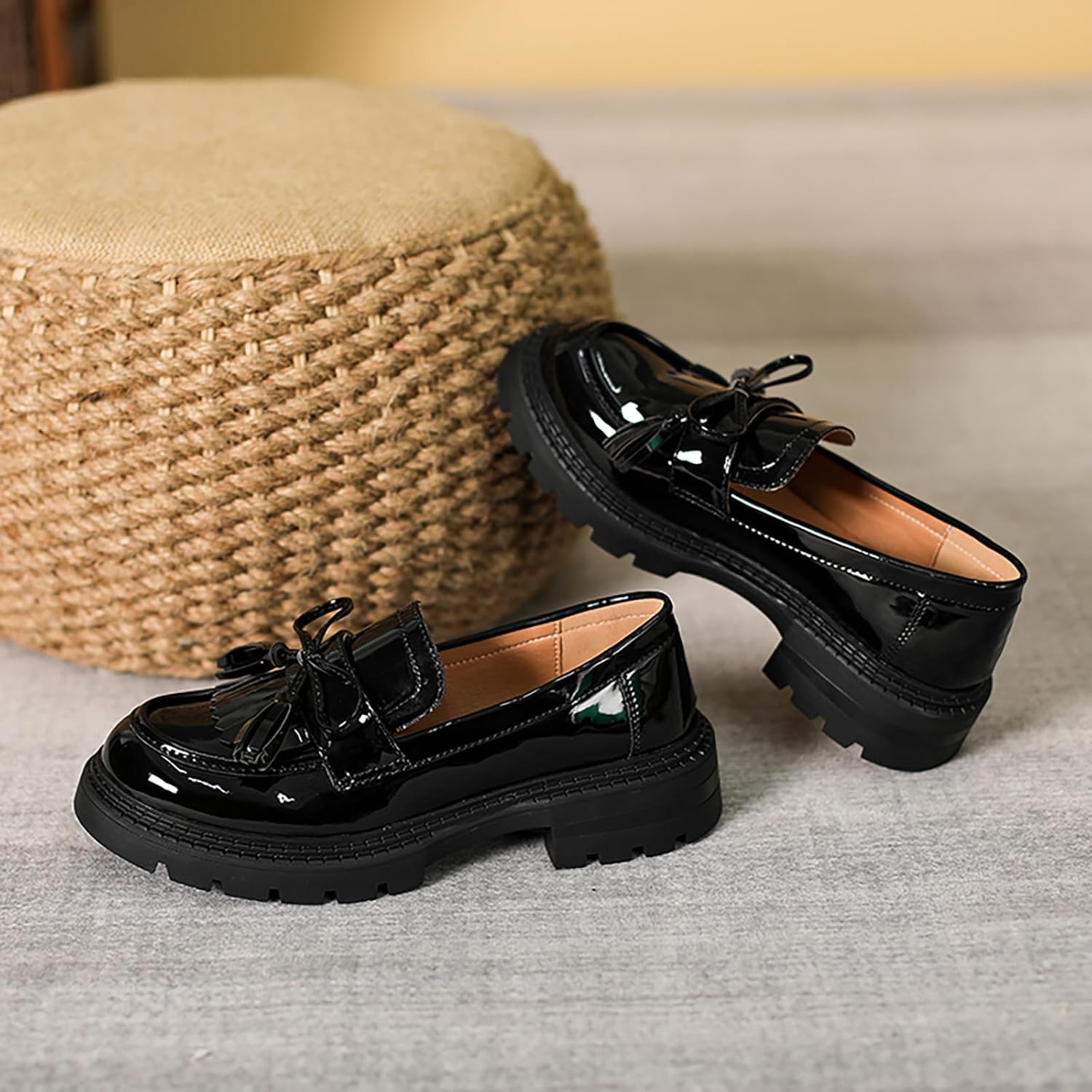 Women's Patent Leather Tassel Loafers Fashion Black Round Toe Slip-on Dress Shoes - Comfort Casual Simple for Daily Wear - Image 3