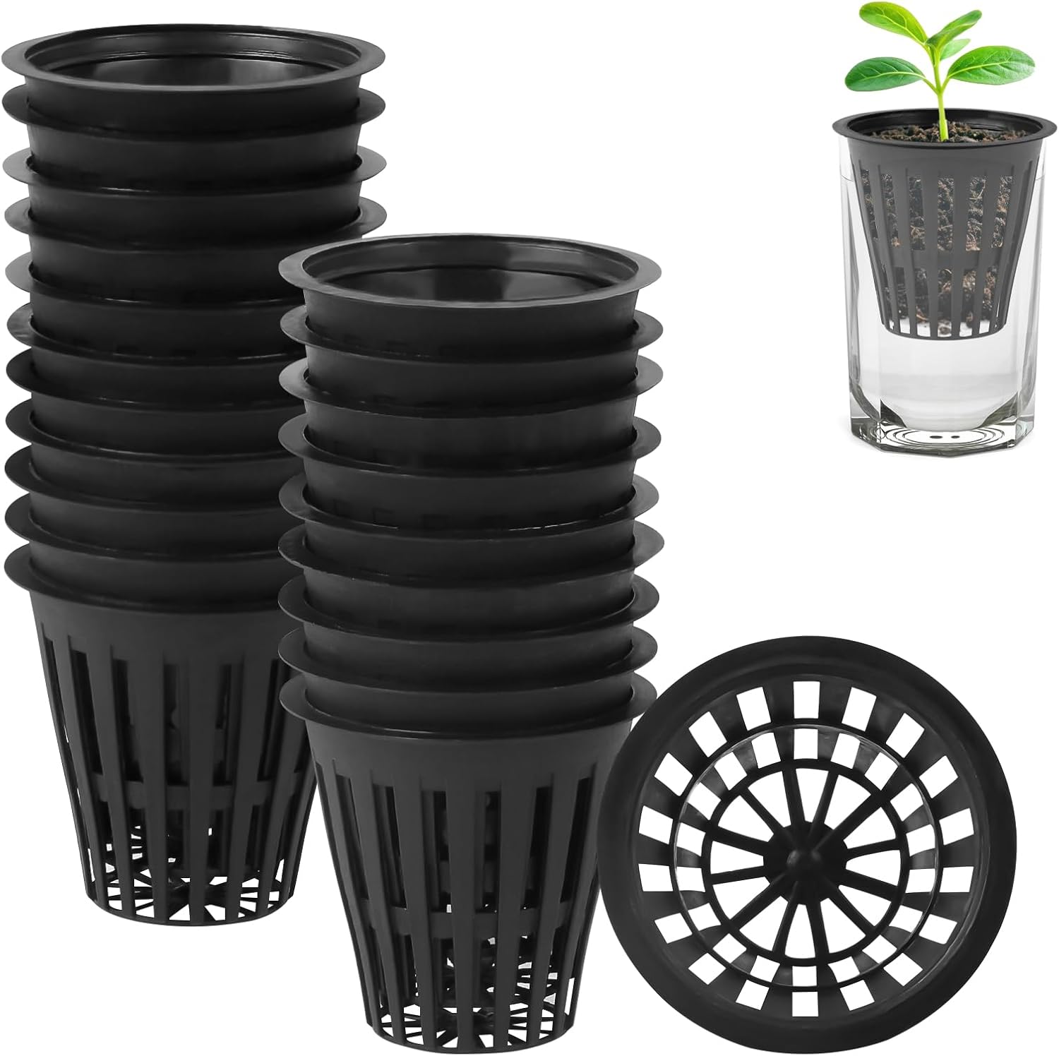 MIDELONG 20PCS 2 inch Net Pots, Net Cups, Pots Plant Containers Jar Bucket Vegetable Gardening Basket Slotted Mesh Pot Cups for Indoor or Outdoor Growing
