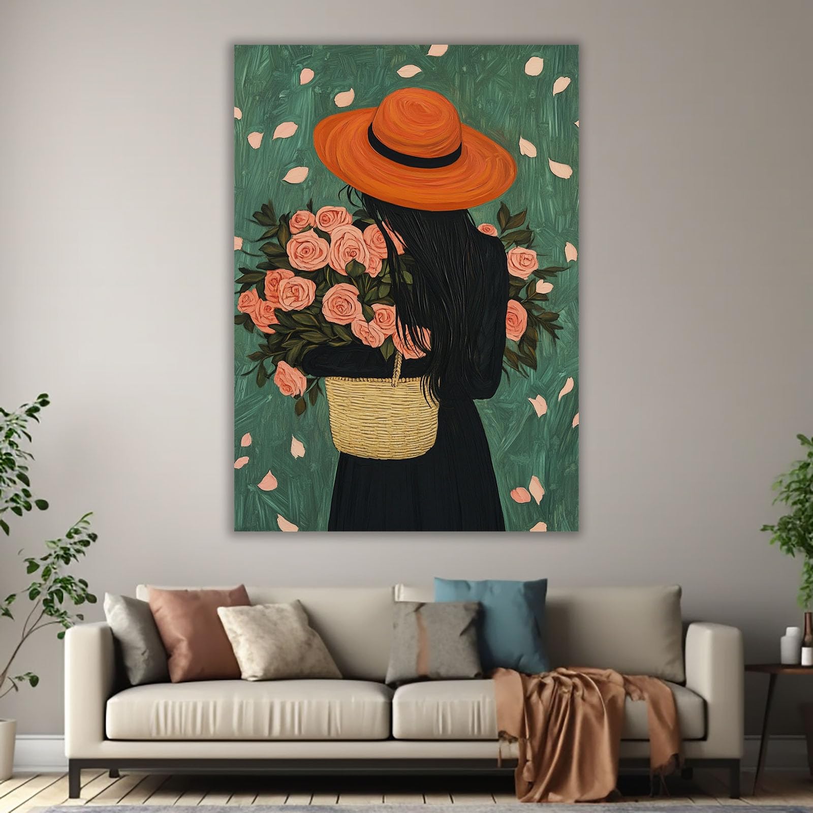 AMXBZC Afroamerykanie, płótno, sztuka ścienna, kobieta, kwiatowa grafika boho, czarna kobieta, abstrakcyjna dziewczyna, druk artystyczny, obraz do salonu, łazienki, grafika na ściany (zielona 7) - 80