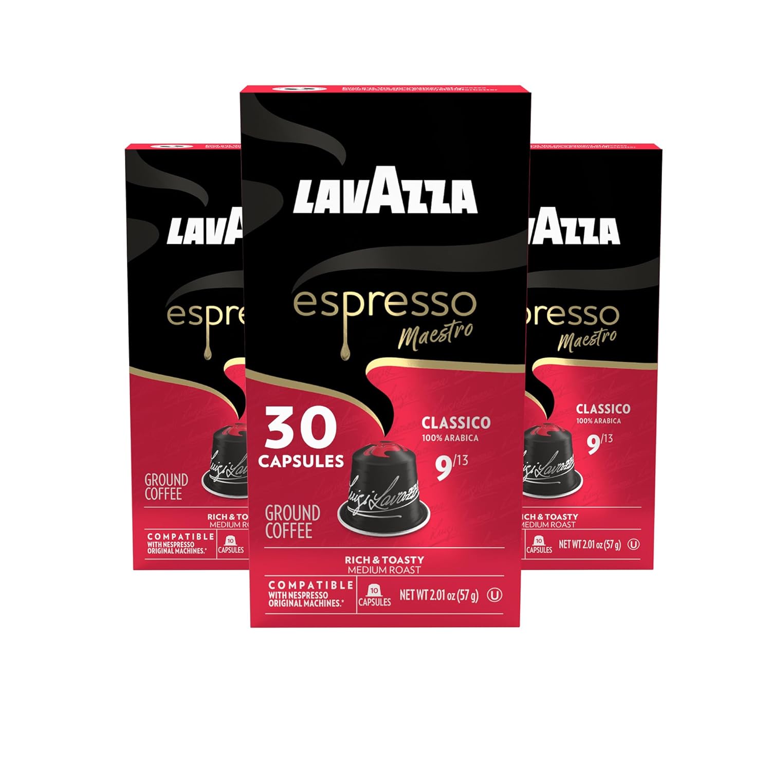 Lavazza Espresso Maestro Classico Aluminum Capsules Compatible with Nespresso* Original Machines, Medium Espresso Roast, 100% Arabica (30 Capsules)