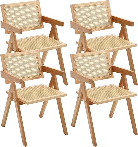 Juego de 4 sillas de comedor de ratán, sillas de comedor naturales de granja con respaldo tejido, asiento cómodo, marco de madera resistente para