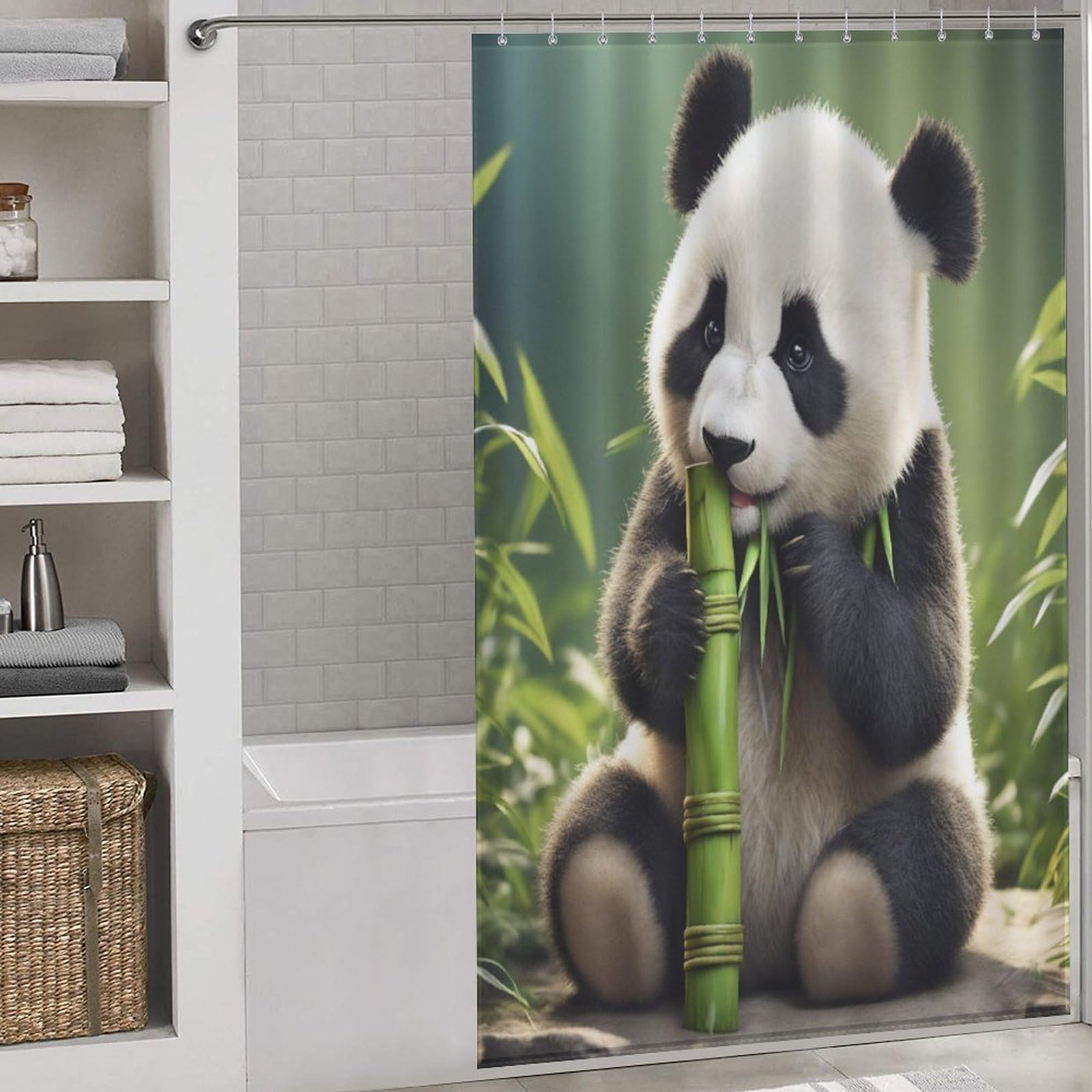 Rideau de douche panda en tissu anti-moisissure et lavable pour cabine de bain