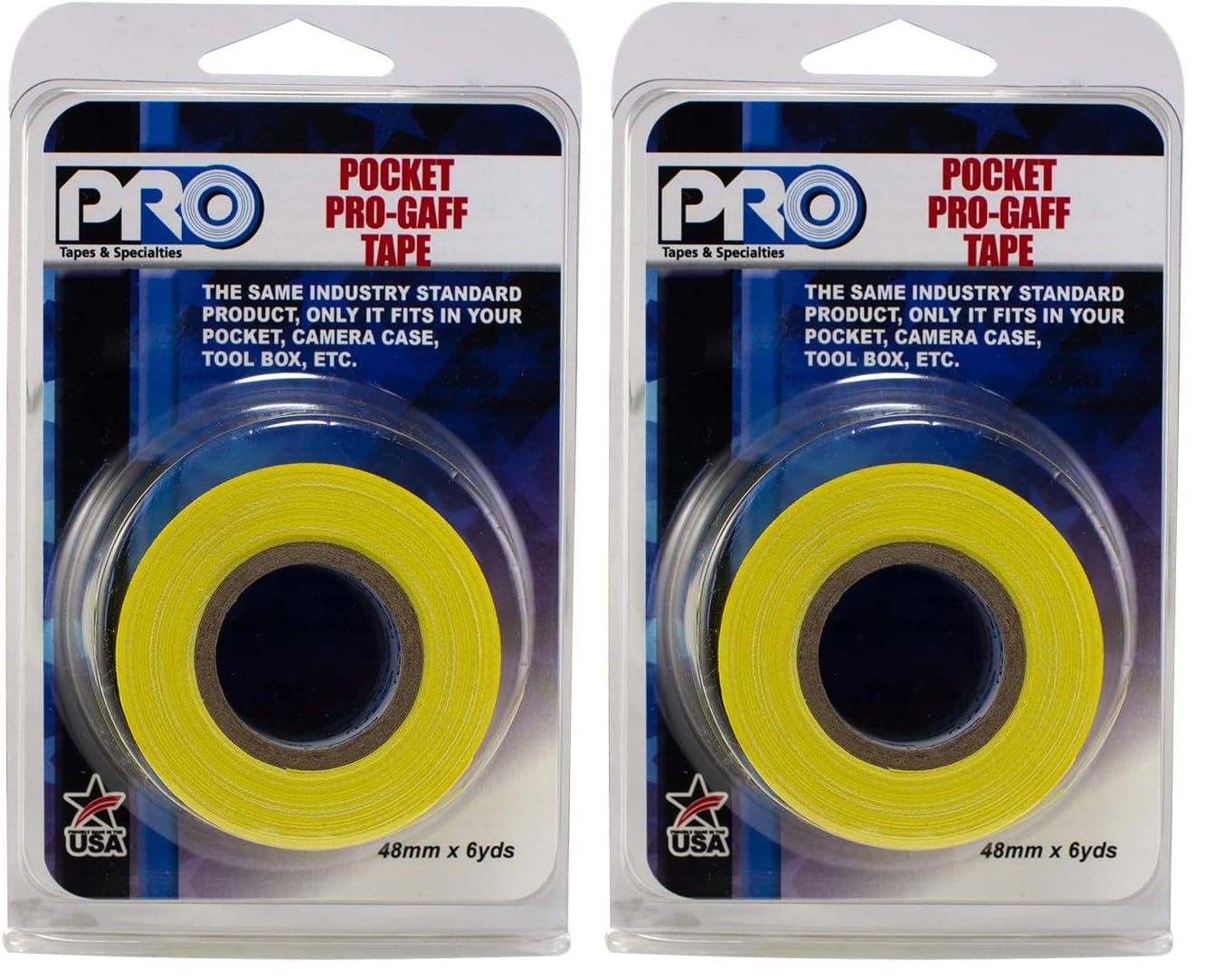 Pro Tapes Pocket Gaff Tape 2 inch (48mm) x 6 Yards Length Yellow Matte. Pocket Size Gaffers Tape. Made in The USA. Holds Tight, Easy to Remove. (Pack of 2)