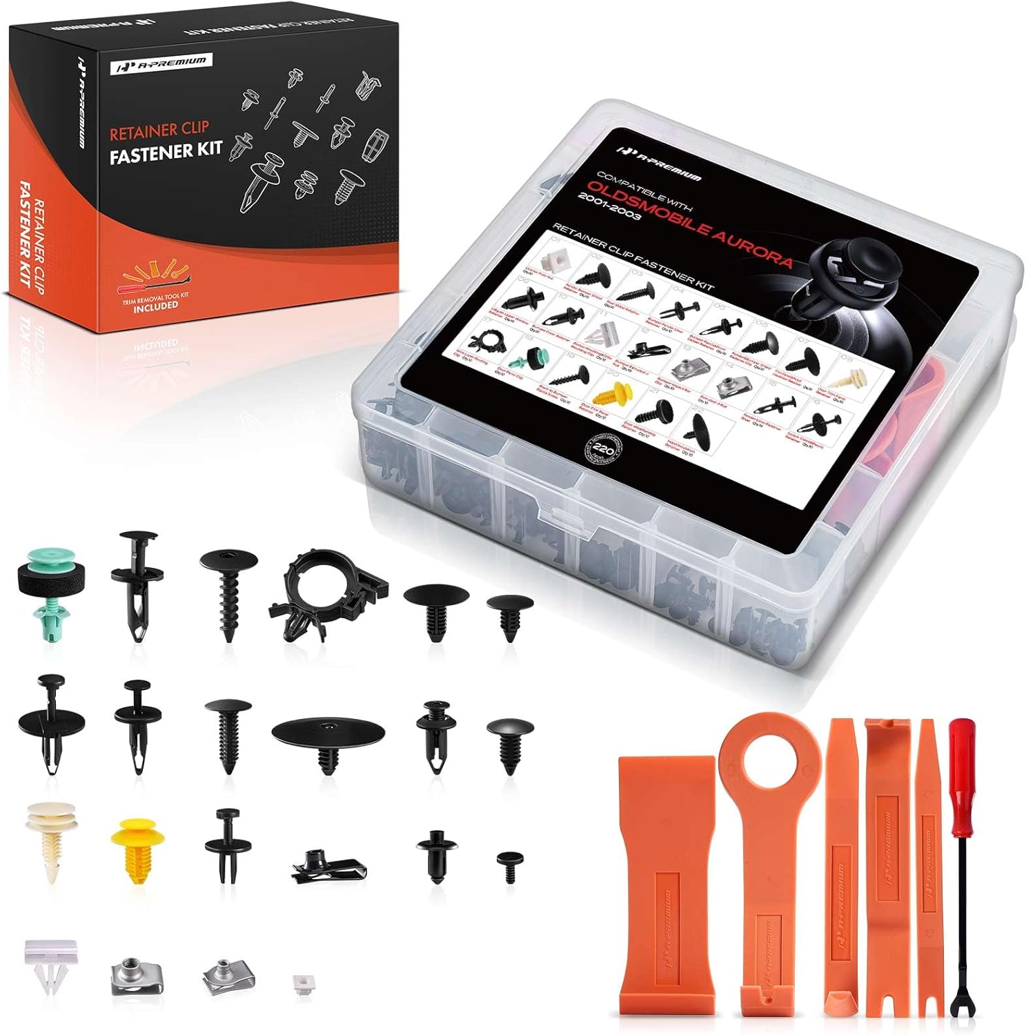 A-Premium 22 Sizes 51.68oz Bumper Fender Door Weatherstrip Retainer Clips Kit Compatible with Oldsmobile Aurora 01-03 Fender Liner 220PCS Plastic Rivets Fasteners Push Retainer Kit, w/Removal Tool