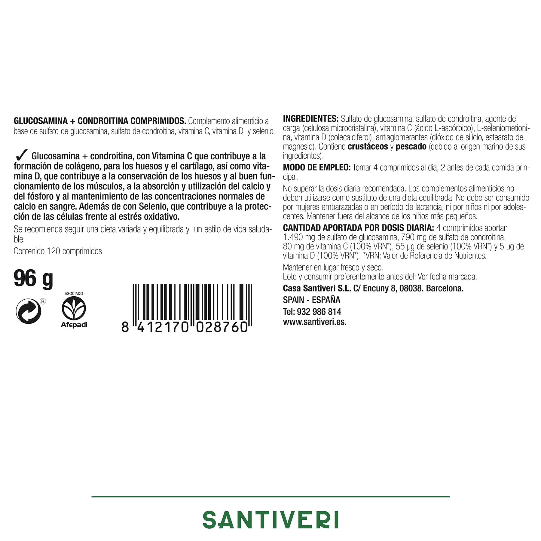SANTIVERI - Artrosin, Complemento Alimenticio, con Glucosamina, Condroitina, Vitaminas C y D y Selenio, Contribuye a Mantener las Articulaciones y Huesos en Condiciones Normales - 120 Comprimidos