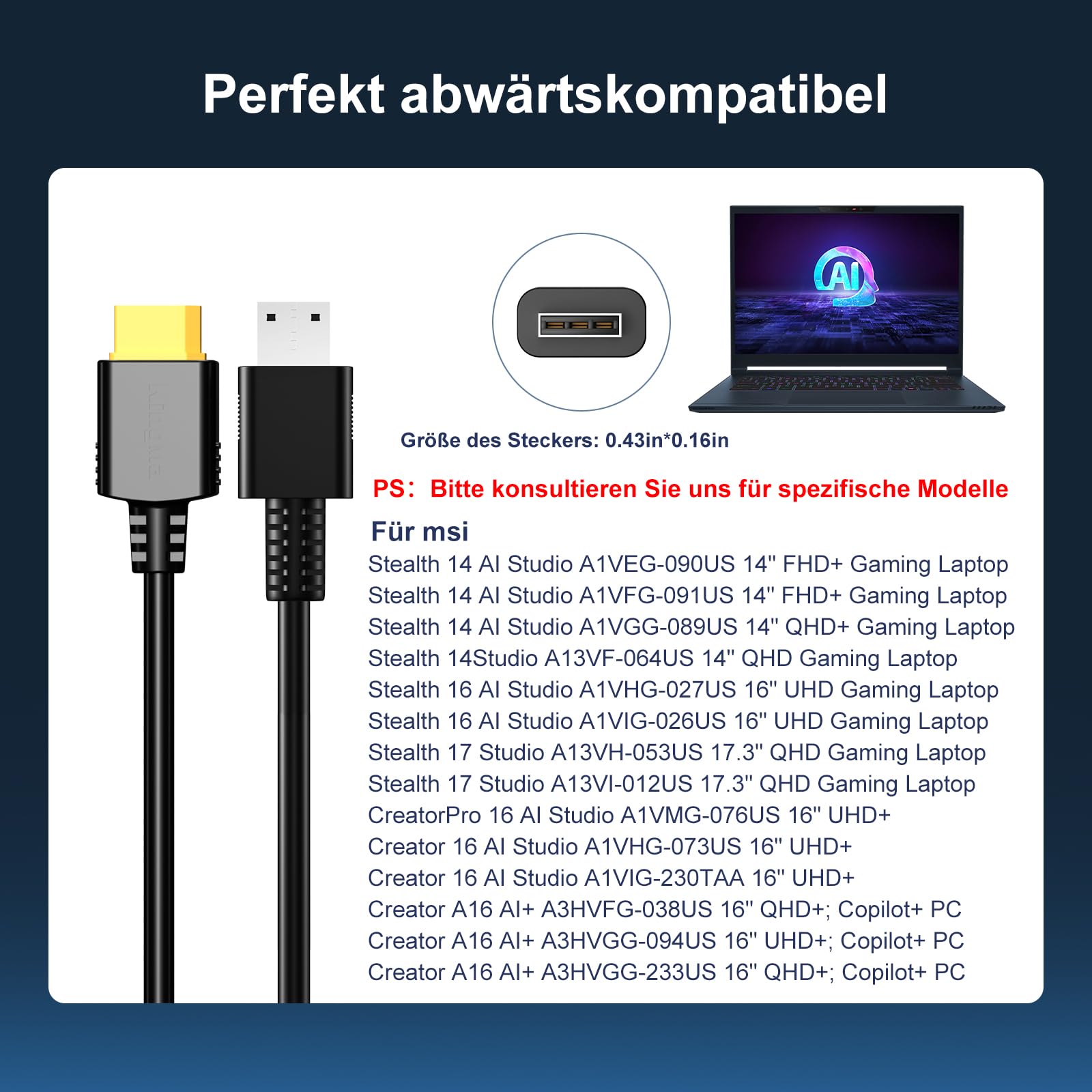 Caricatore portatile GaN pieghevole da 260 W (20 V/13 A), per MSI Gaming Laptops, PD 3.0 con cavo da 11-40 mm, compatibile con MSI Stealth 14 AI/16AI/Creator Pro16 AI