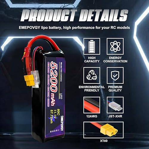 Miniatura 2 de 11.1V Lipo Batería 3S 5200mAh 80C Lipos Soft Case con XT60 Conector para RC Coche Avión Helicóptero Barco Carreras RC Hobby
