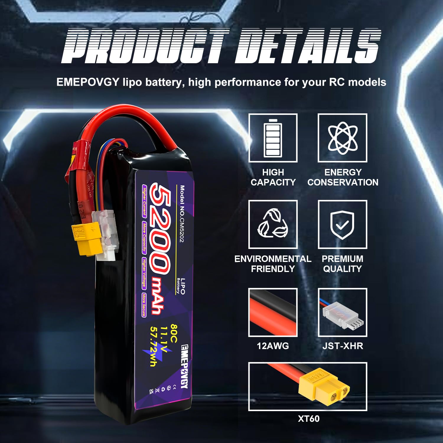 Batteria Lipo da 11,1 V 3S 5200 mAh 80C Lipos custodia morbida con connettore XT60 per auto RC, aereo, elicottero, barca, corsa, hobby radiocomandato (2 confezioni)