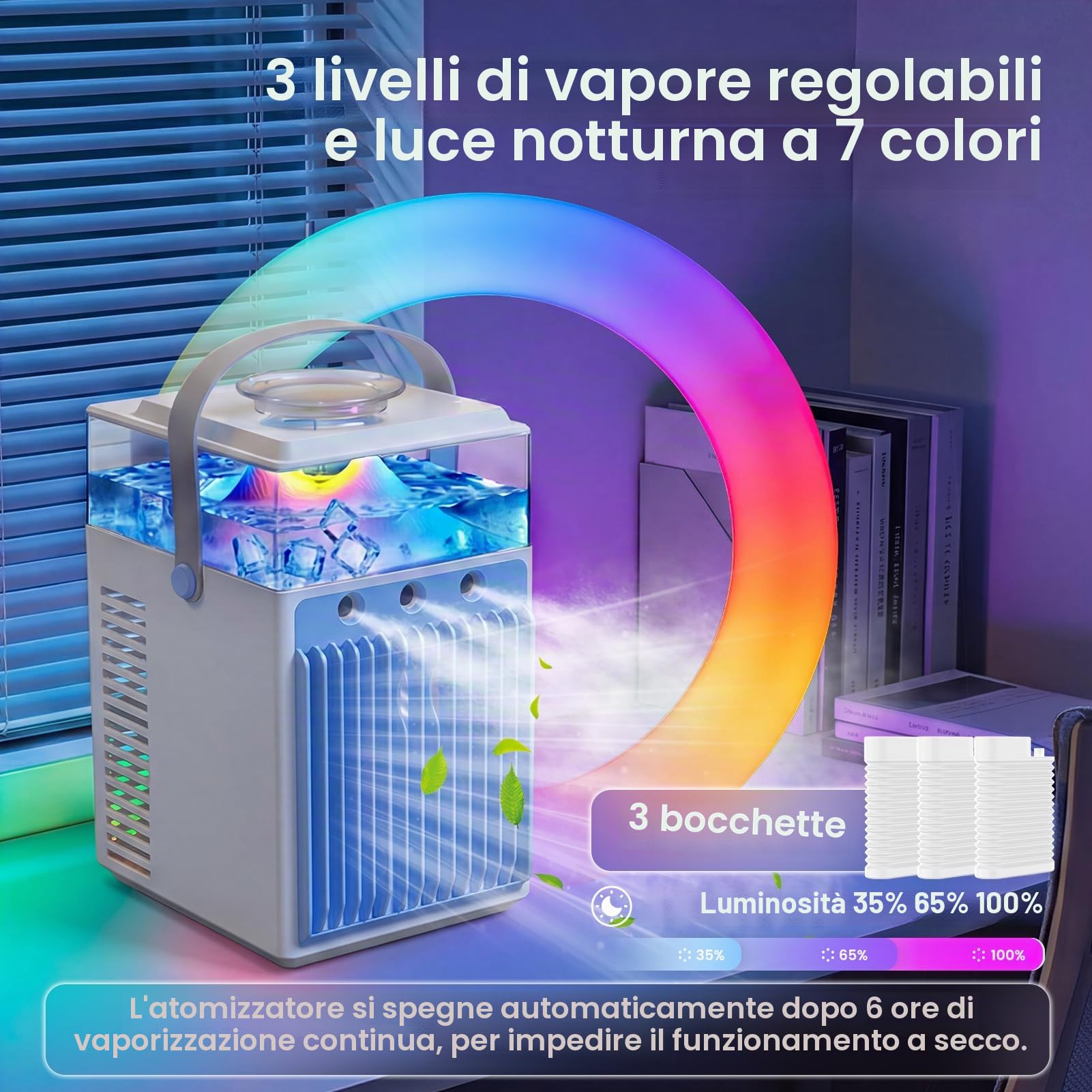 Mini Condizionatore Portatile, 5 in 1 Climatizzatore Portatile Senza Tubo con 3 Velocità, 3 Modalità di Nebulizzazione, Controllo Tramite App e Timer, Silenzioso Evaporativo Ventilatore con Ghiaccio
