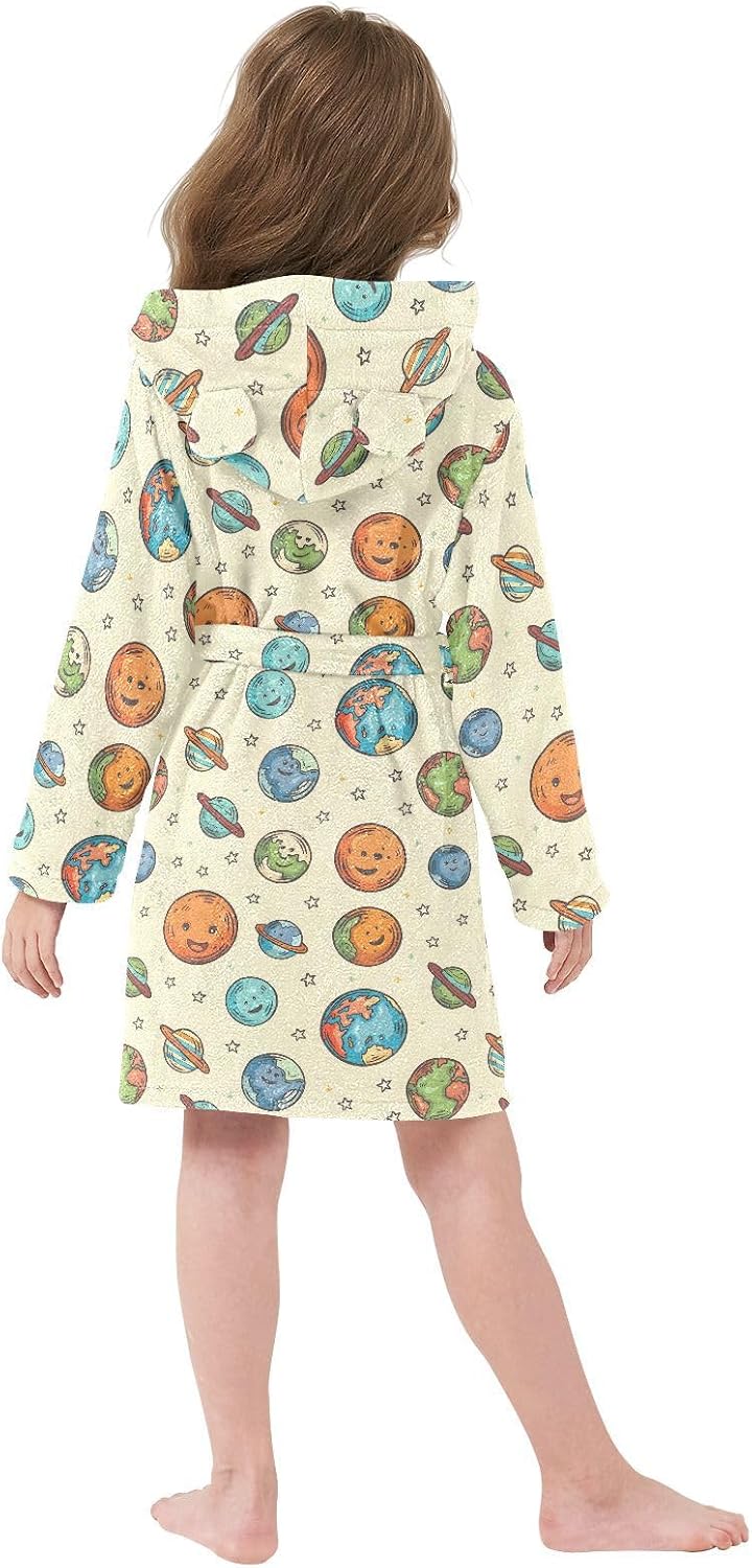 senya Planet Star Toddler Hooded Bathrobe Kids Soft Plush Bath Towel Robes for Boys Girls 2-12 Years