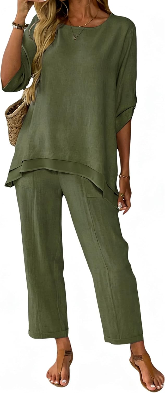 Women's Linen 2 Two Piece Set Summer 3/4 Sleeve Top and Wide Leg Ankle Pants Outfit Casual Beach Vacation Suits