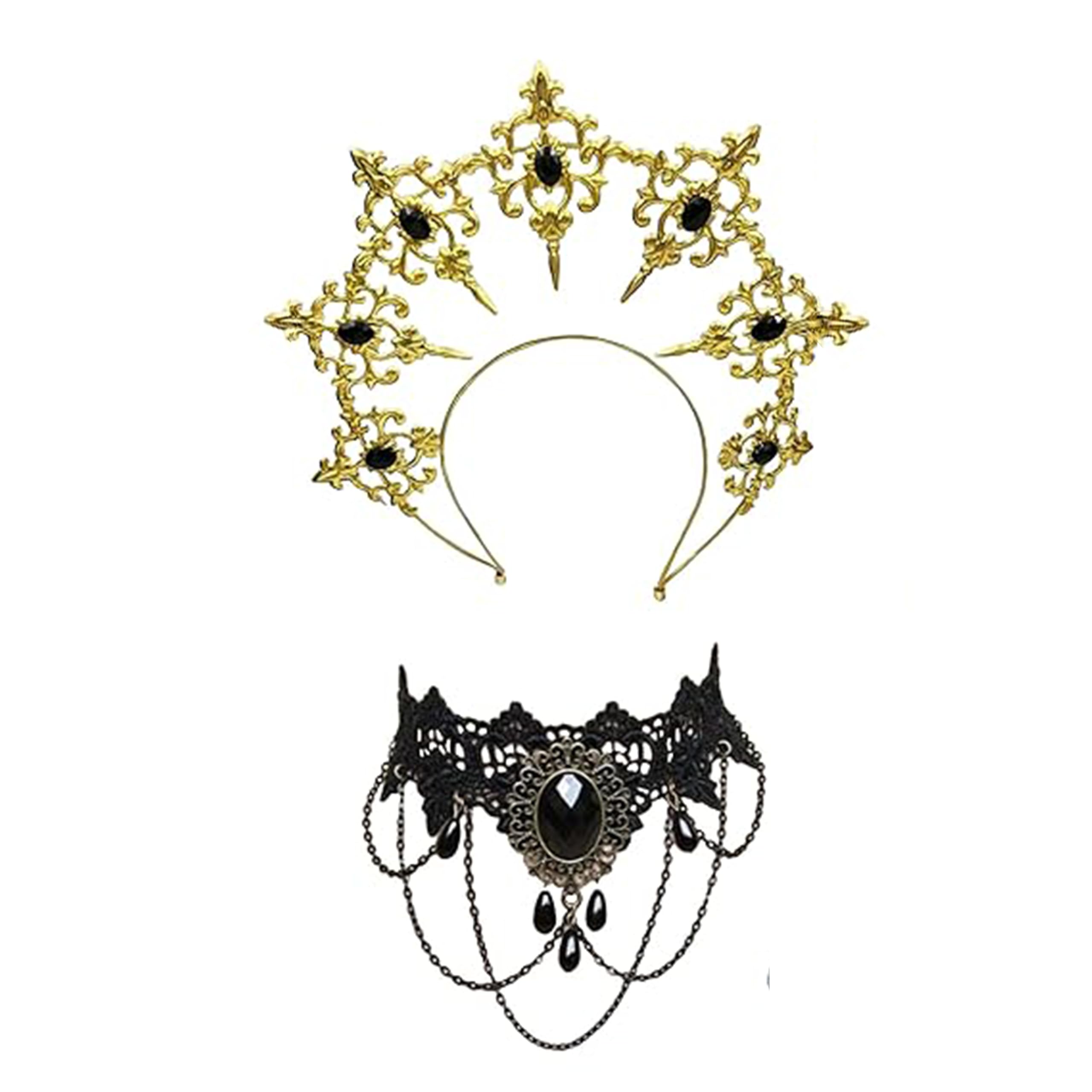 Yuelulala 2pcs Gothic Halo Crown Baroque Headband Stars Goddess and Crown for Women Boho Wedding Headpiece Halloween Costume Cosplay Accessories(A210-2)