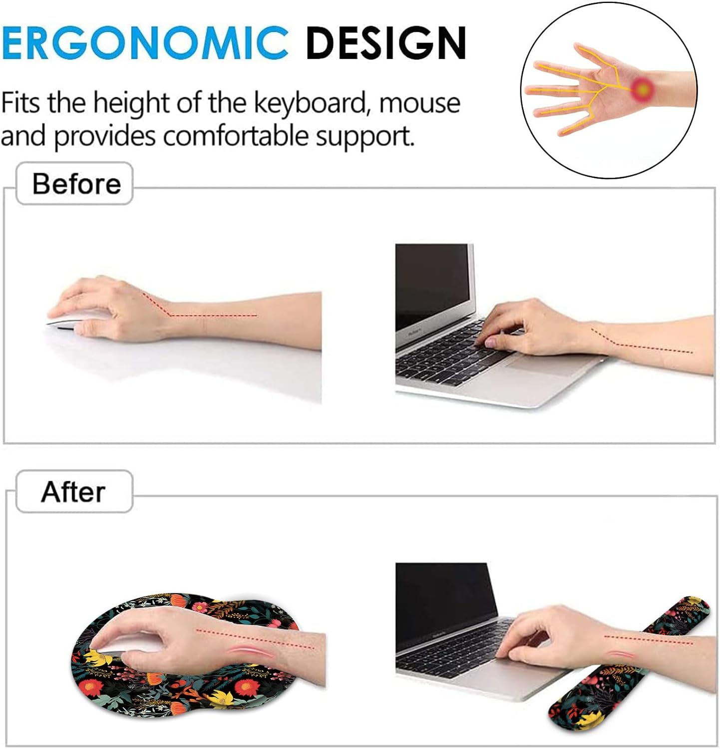 Keyboard Wrist Rest and Mouse Pad Wrist Support Set with Coaster,Ergonomic Mouse Pad,Comfortable for Easy Typing, Pain Relief,Memory Foam Keyboard Pad Set for Laptop Mac,Beautiful Floral