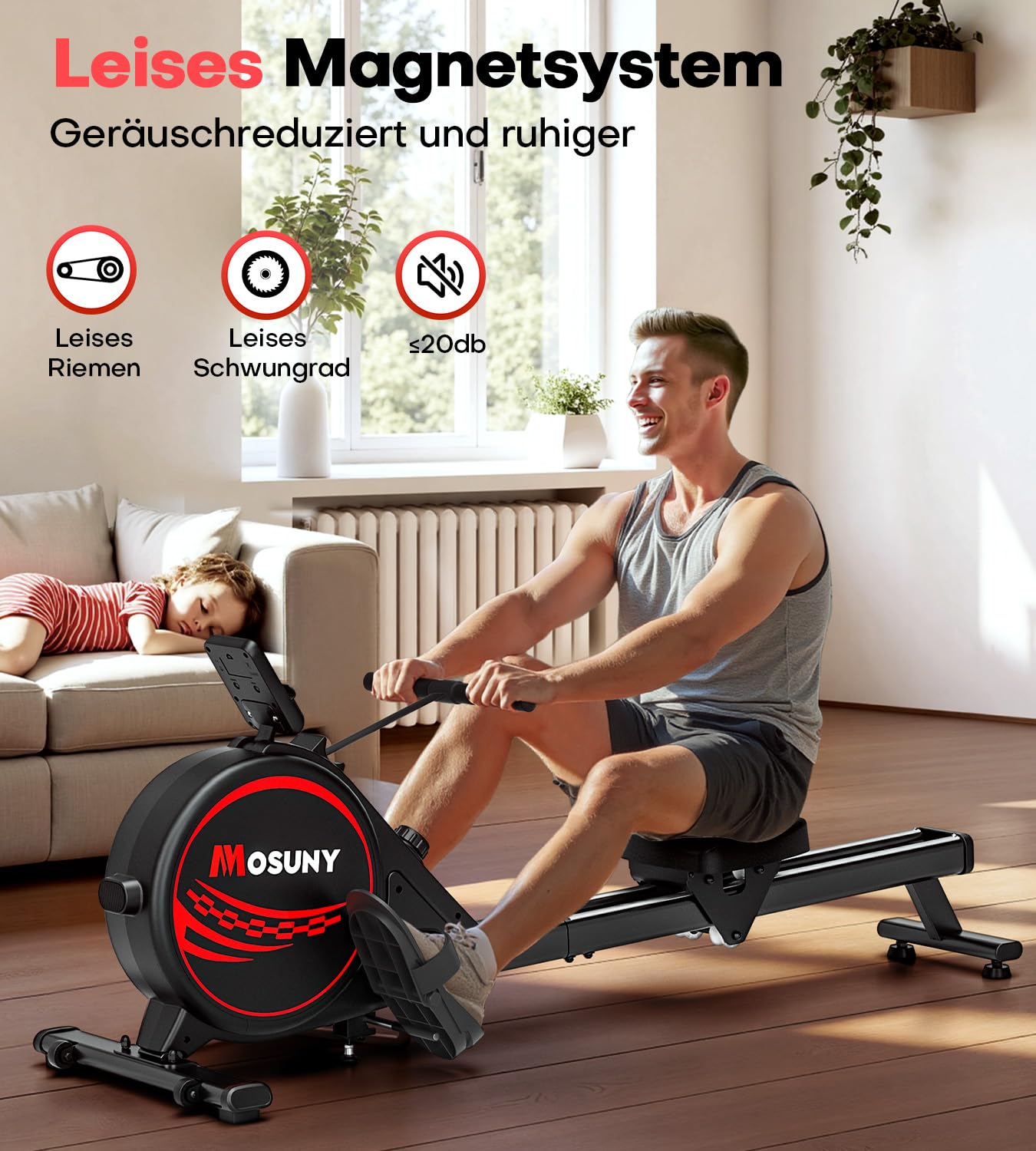 Rudergerät für Zuhause, Magnetisches Rudergerät mit 16 Widerstandsstufen, Upgrade Doppel-Slide-Rails Ultraleise, App-Kompatibel LCD-Datenanzeige, Belastbar bis 160kg, Die Wahl für Fitness