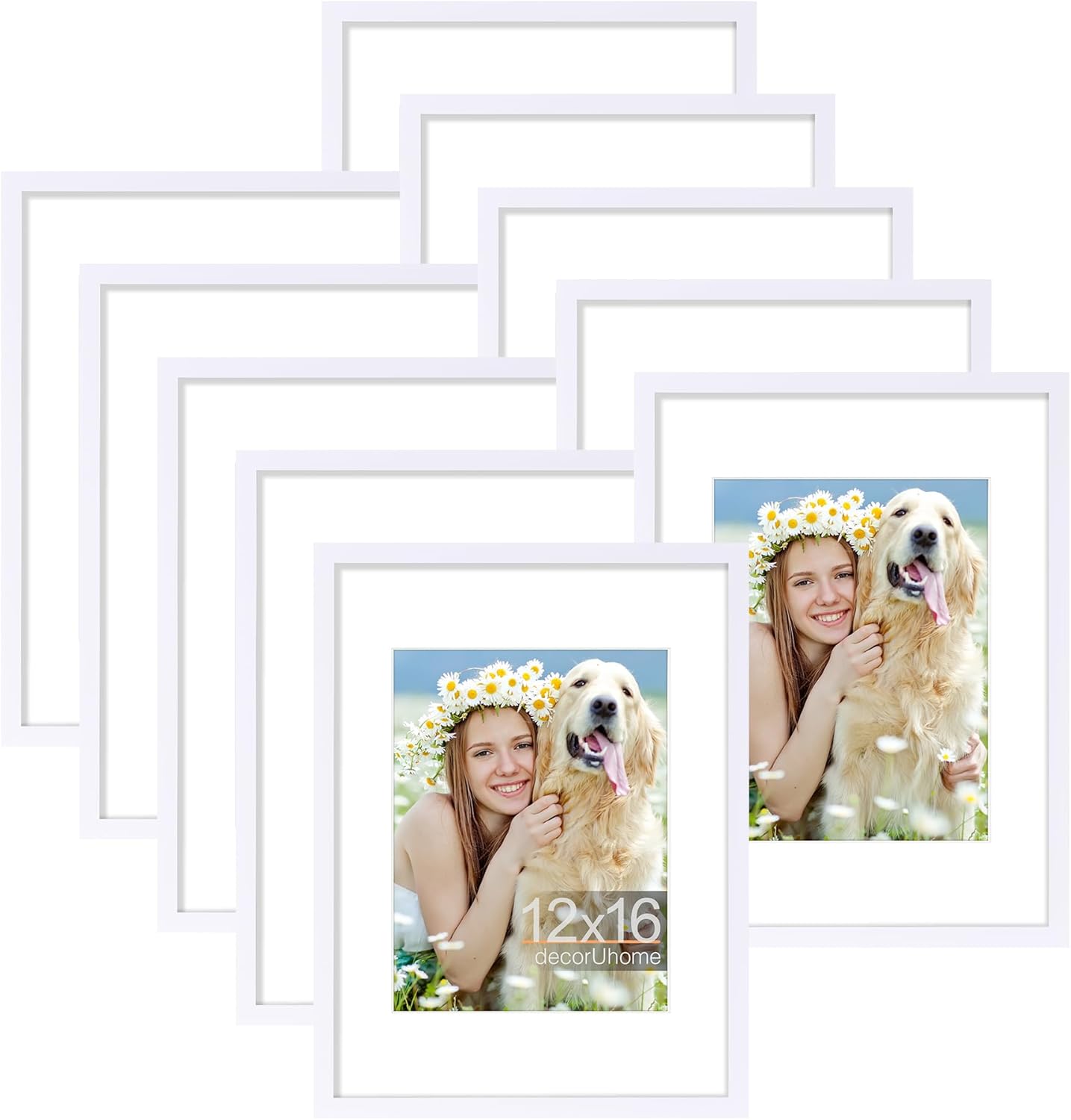 decoruhome 12x16 picture frame set of 10, display photos 8.5x11 with mat or 12x16 unmatted for picture frames collage wall decor, white white 12x16