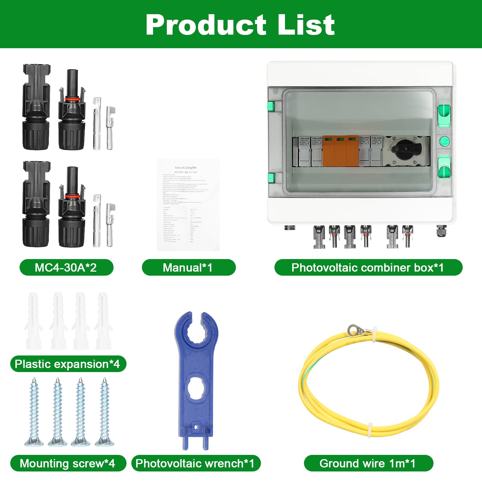BuyWeek Fotovoltaico Combiner Box 1000V 32A Solare PV Combiner Box con Scaricatore Sovratensione, Interruttore Isolatore DC Solare, Impermeabile IP65, 2 stringa, per Solare Impianto Fotovoltaico
