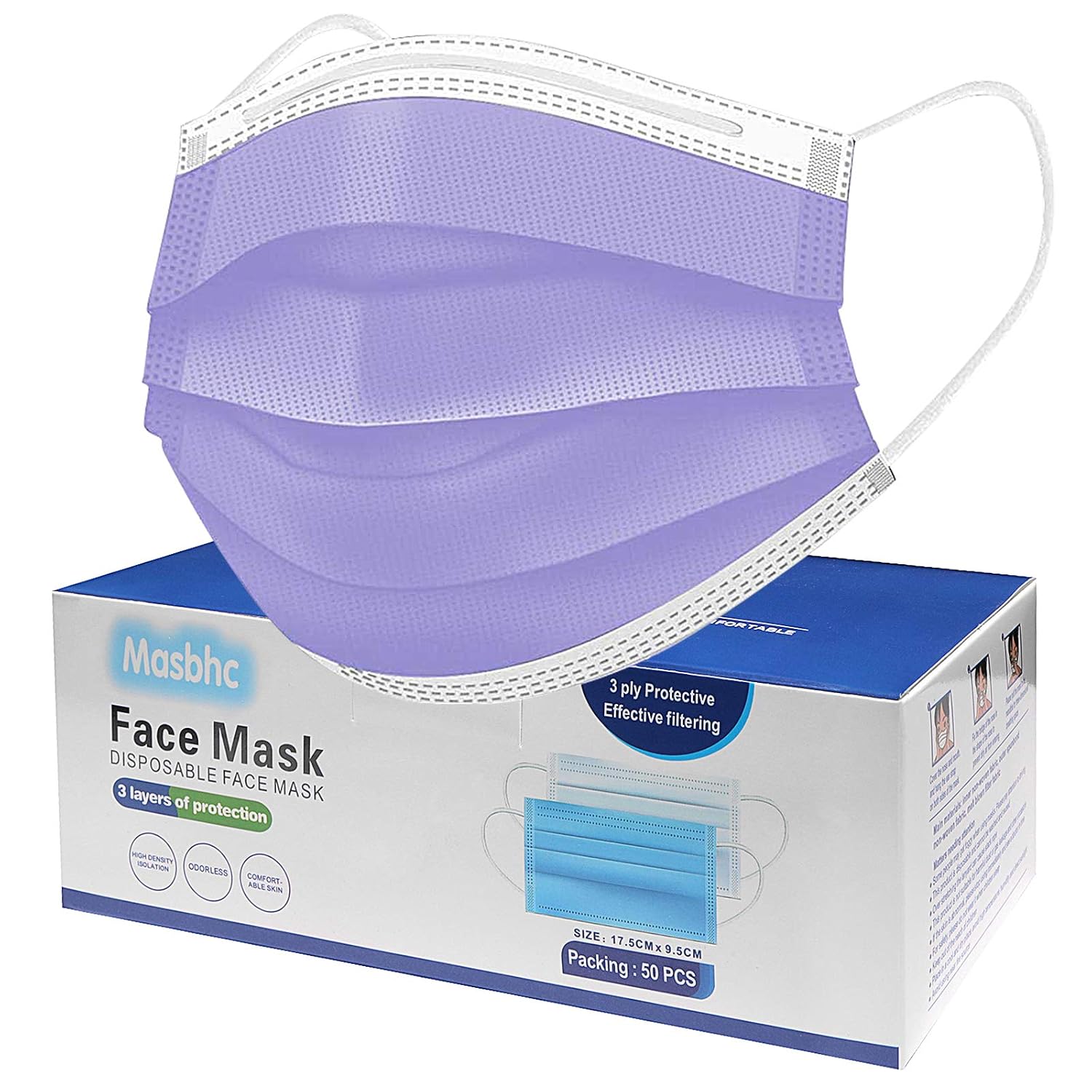 Masbhc Disposable Face Masks 3 Ply Comfortable Purple Mask 50Pcs