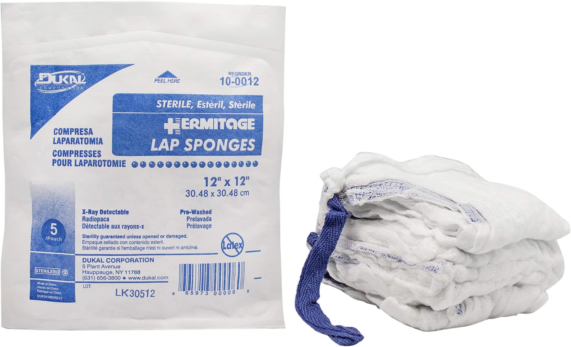 Dukal 10-0012 Laparotomy Sponge, Prewashed, Xray, soft Pack, 12" x 12", Sterile, Pack of 100, White