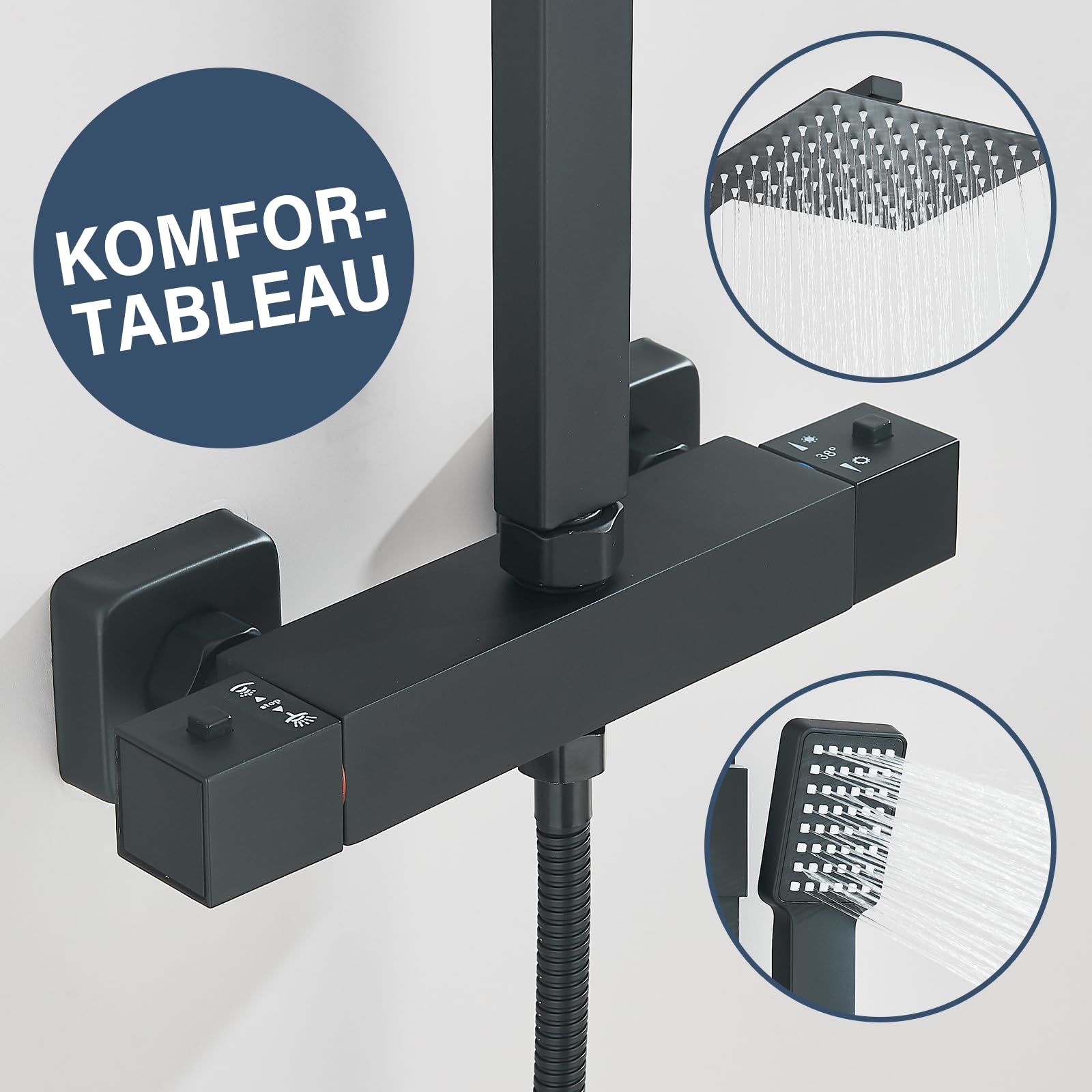 Noir Colonne de Douche Thermostatique avec Mélangeur Ensemble de Douche Réglable en Hauteur Pluie Pommeau de Douche Carré avec Douchette à main Acier Inoxydable