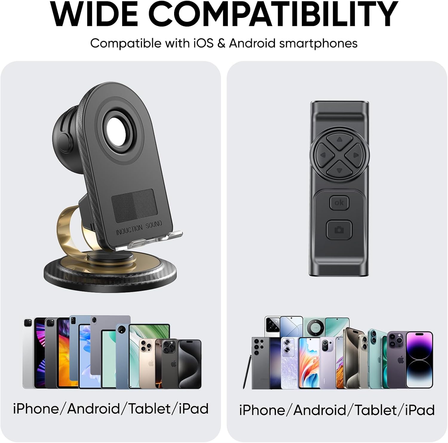 Cell Phone Stand with Instant Wireless Induction Bluetooth Speaker(Video Control/Camera Control), Portable Bluetooth Speaker for Home and Outdoors, All Day Playtime, Compatible with iOS/Android