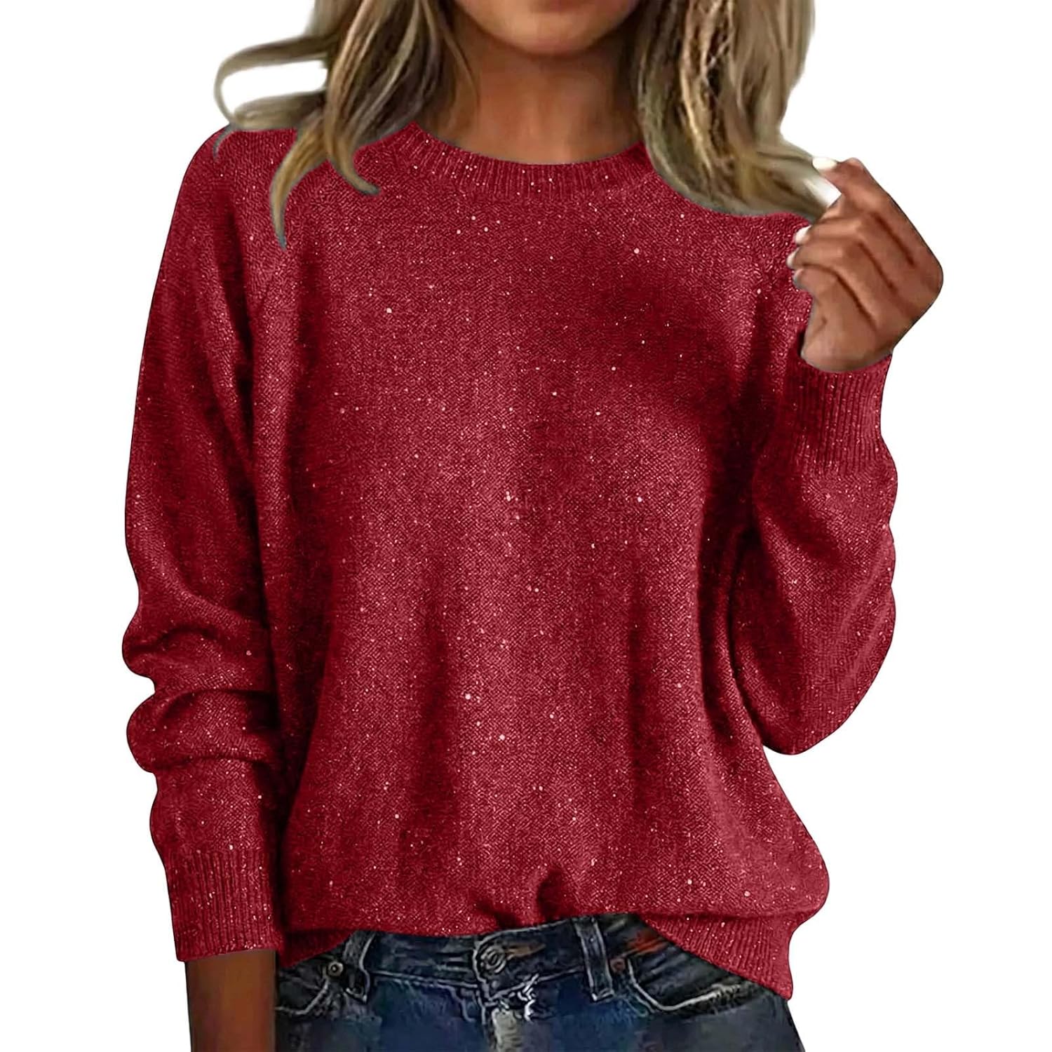 Womens Long Sleeve Sequin Glitter Tops Soft Casual Crewneck Loose Fit Sweater Solid Color Pullover Fashion Shirts Blouses