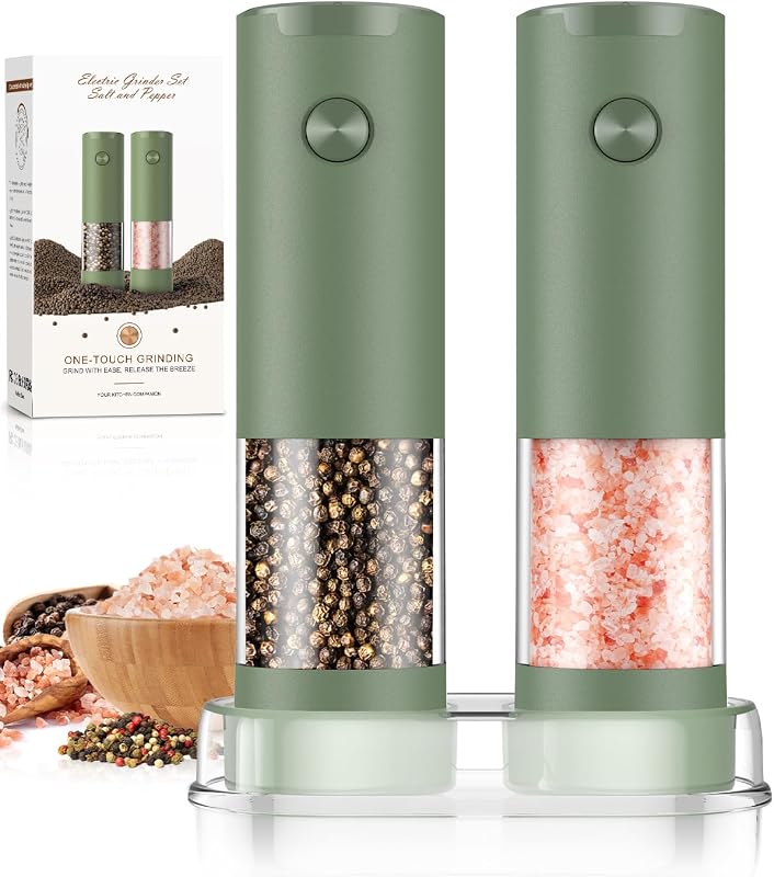 Juego de molinillo de sal y pimienta, regalos para mamá, salero y pimentero verde automático eléctrico, utensilios de cocina para el hogar nuevo, molinillo de pimienta de espesor ajustable, electrodomésticos de cocina