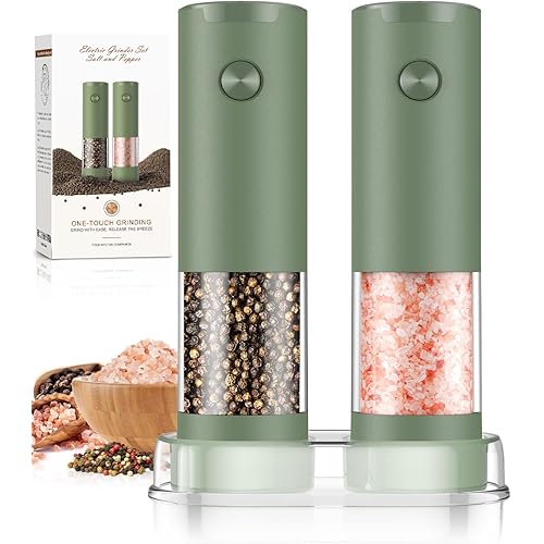 Salt and Pepper Grinder Set Mom Christmas Gifts, Electric Automatic Green Salt Pepper Shakers Home Kitchen Gadgets for New Home, Adjustable Coarseness Pepper Grinder Kitchen Appliances
