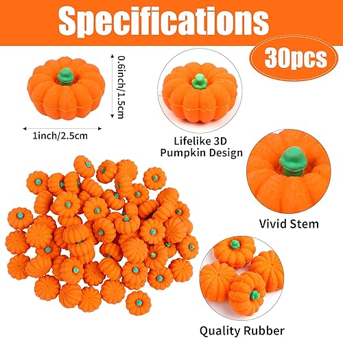 Miniatura 2 de FOIMAS 30 borradores de calabaza 3D, mini borrador de goma de calabaza para niños, estudiantes, Halloween, otoño, Acción de Gracias, fiesta,