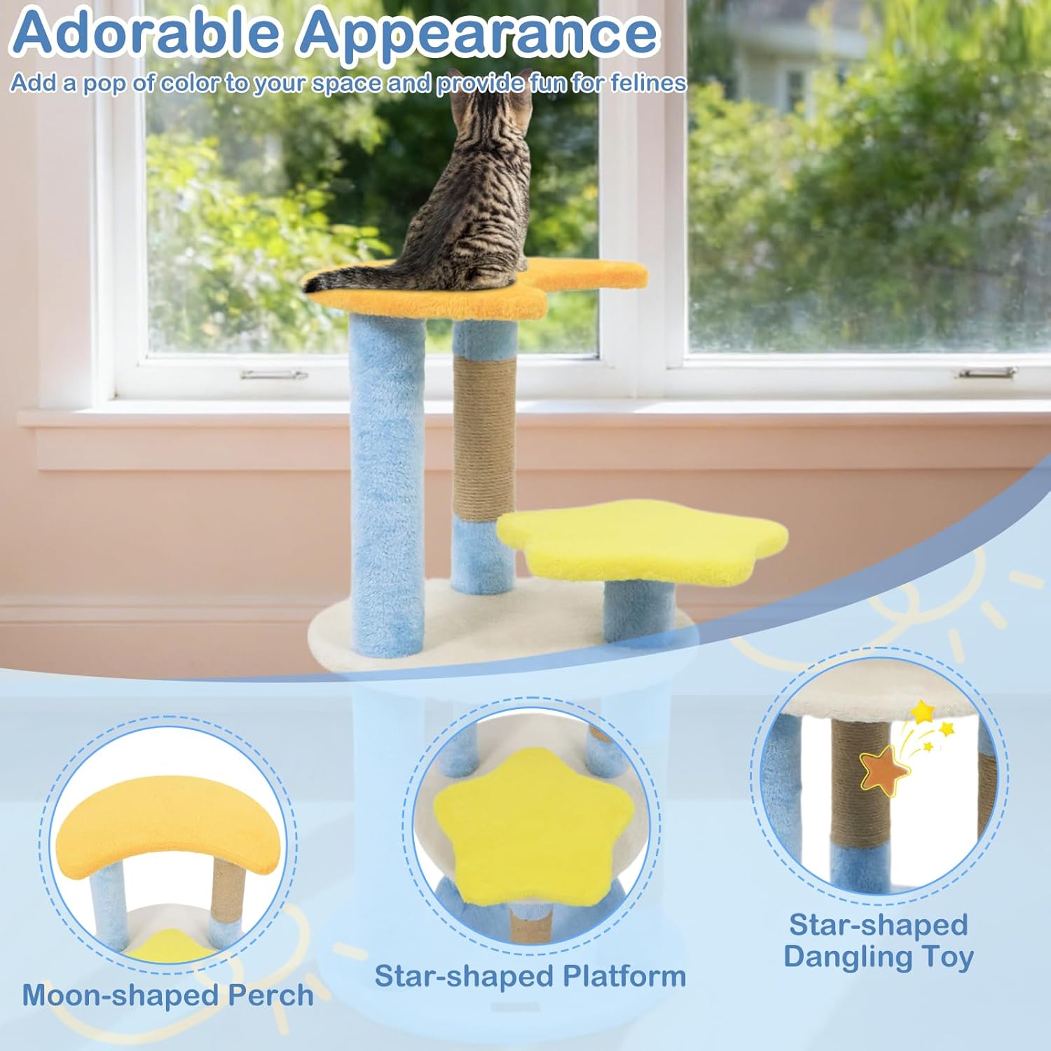 PETSITE 29-inch Cute Cat Tree, Multi-Level Small Cat Tree with Jute Scratching Post, Dangling Toy, Star and Moon-Shaped Perches, Ideal for Indoor Cats (Blue)