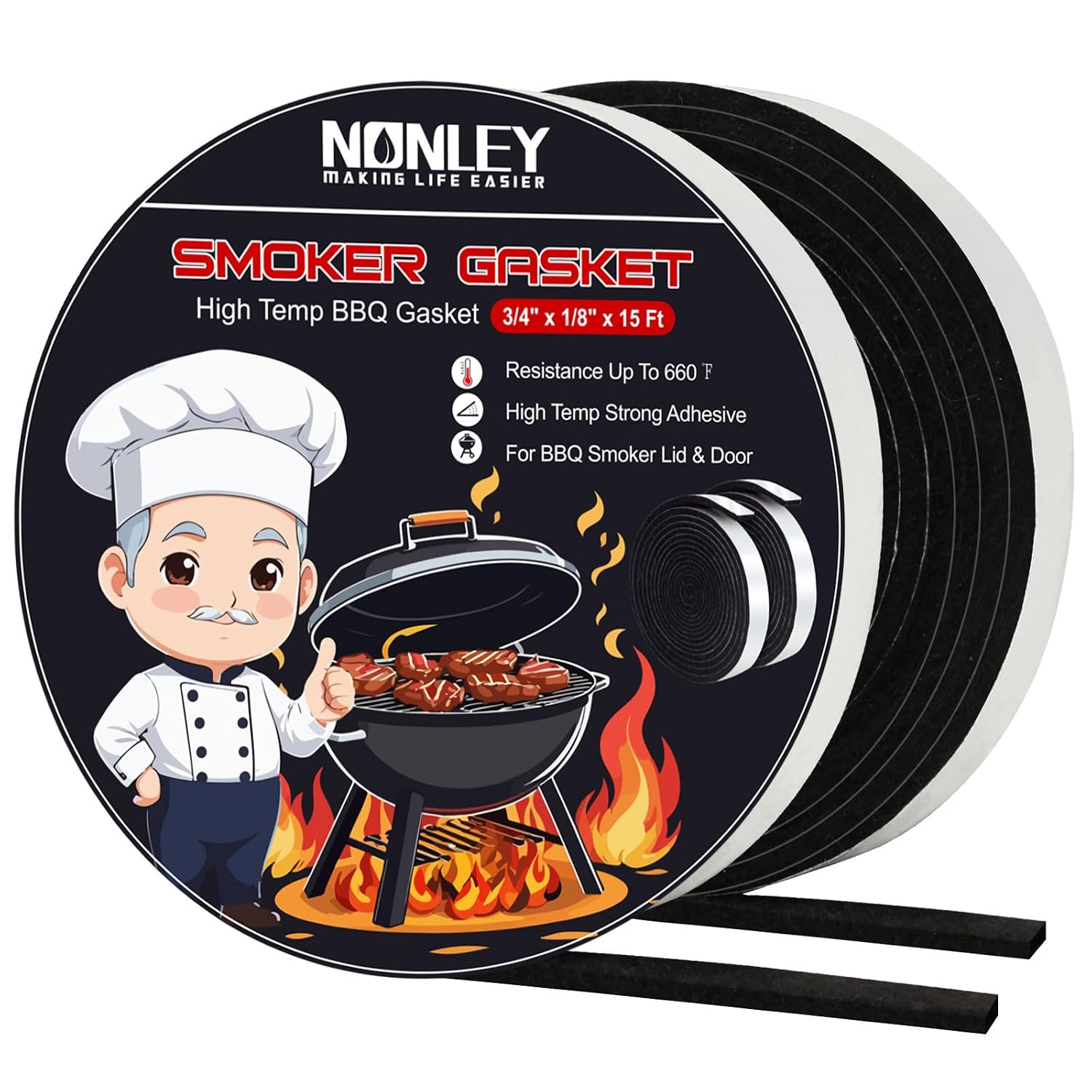 Smoker Gasket Seals, 1/2" x 1/8" 15 ft High Temp Grill Gasket Replacement Self Stick Felt, High Heat BBQ Gaskets Tape for Smokers BBQ Lid Black by Nonley