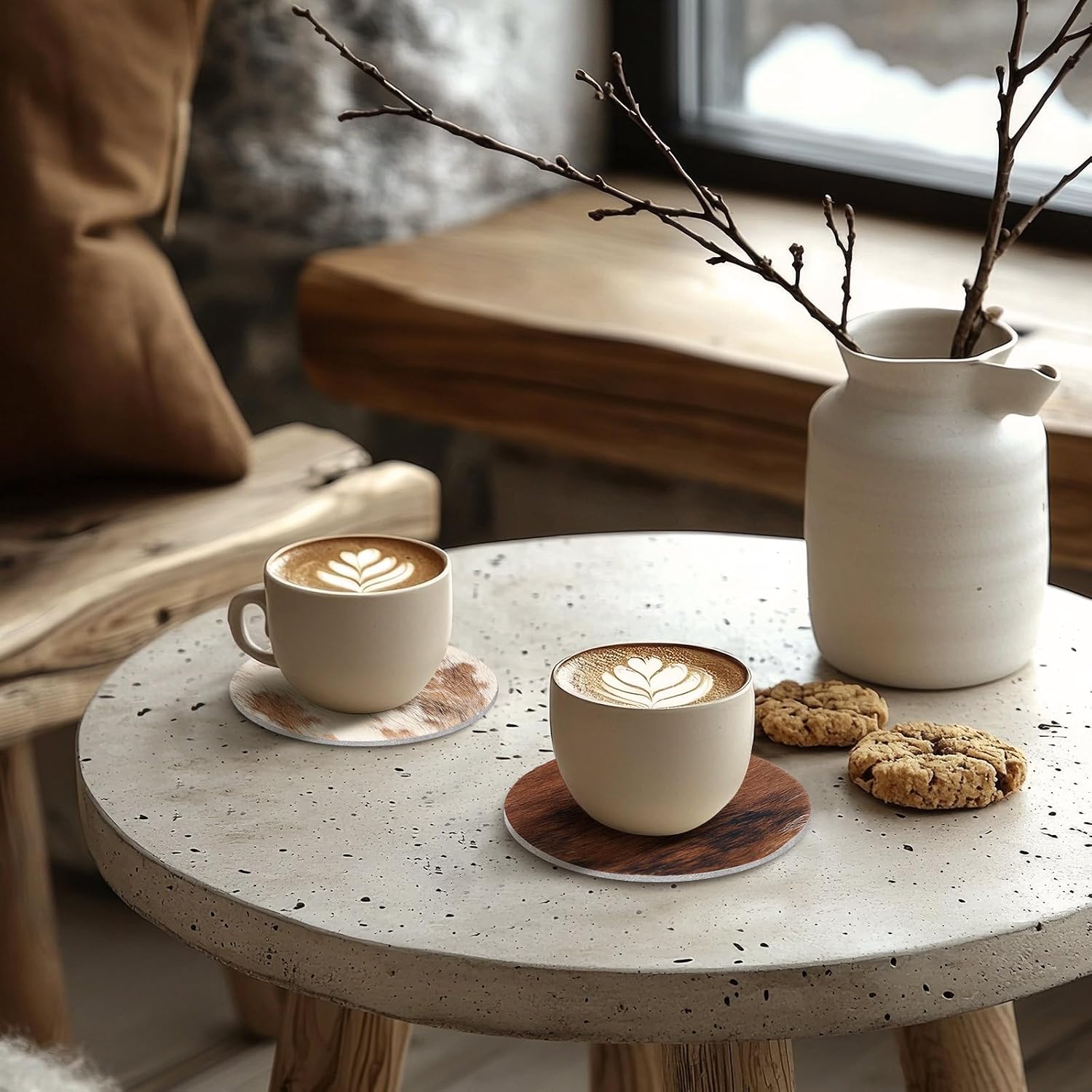 Hushee 12 Pcs Cowhide Coasters Round Natural Leather Cowhide Drink Coasters for Tea Cup Living Room Office Desk Decoration