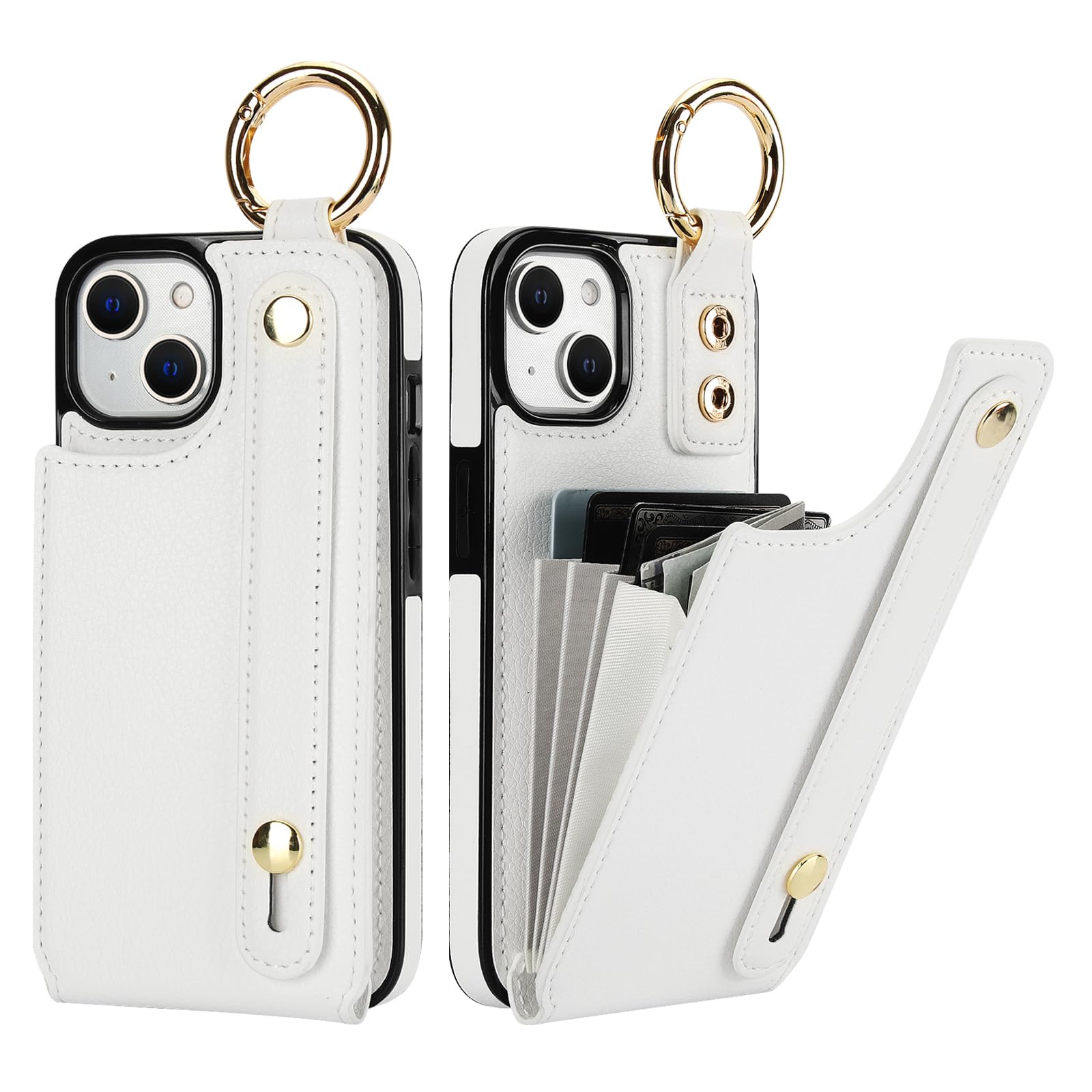 Folosu for iPhone 13/14 Wallet Case with Card Holder, Hand Wrist Strap Loop Holder Kickstand, RFID Blocking Finger Grip Ring PU Leather Double Buttons