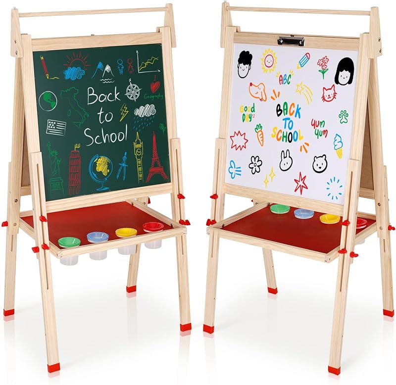 Easel for Kids, Art Easel for Kids Ages 4-8 Height Adjustable Wooden Painting Easel,Whiteboard Chalkboard with Paper Roll Holder,Letters and Numbers Magnets and Other Accessories