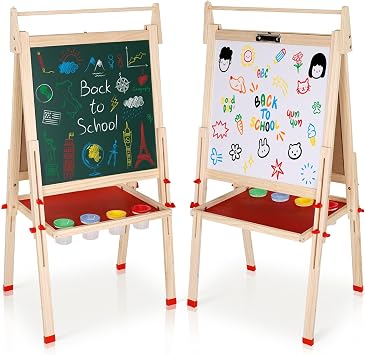 EAQ Easel for Kids, Art Easel for Kids Ages 4-8 Height Adjustable Wooden Painting Easel,Whiteboard Chalkboard with Paper Roll Holder,Letters and Numbers Magnets and Other Accessories