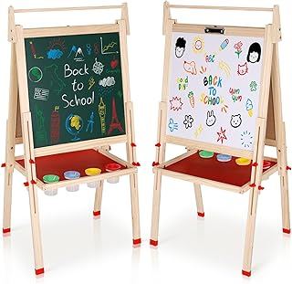 Easel for Kids, Art Easel for Kids Ages 4-8 Height Adjustable Wooden Painting Easel,Whiteboard Chalkboard with Paper Roll Holder,Letters and Numbers Magnets and Other Accessories