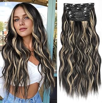 ALXNAN Clip in Long Wavy Synthetic Hair Extension 24 Inch Black with Blonde Highlights 4PCS Thick Hairpieces Fiber Double Weft Hair for Women