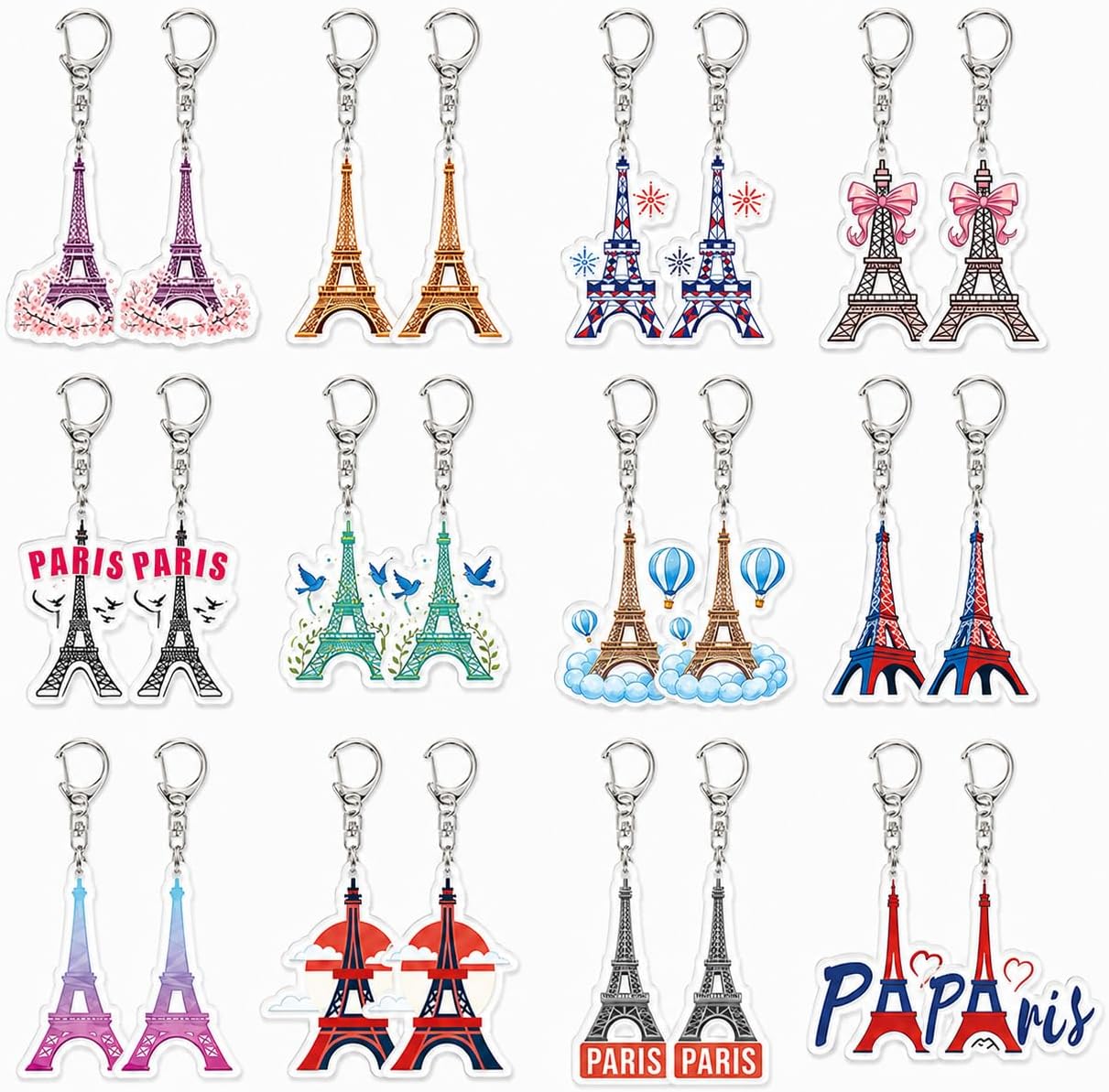24Pcs Eiffel Tower Keychain Bulk Acrylic French Style Paris Theme Party Favor Decoration Keychains for Women Girls Paris Lovers France Souvenirs Gifts for Backpack Luggages Purse Key Charms Keyrings