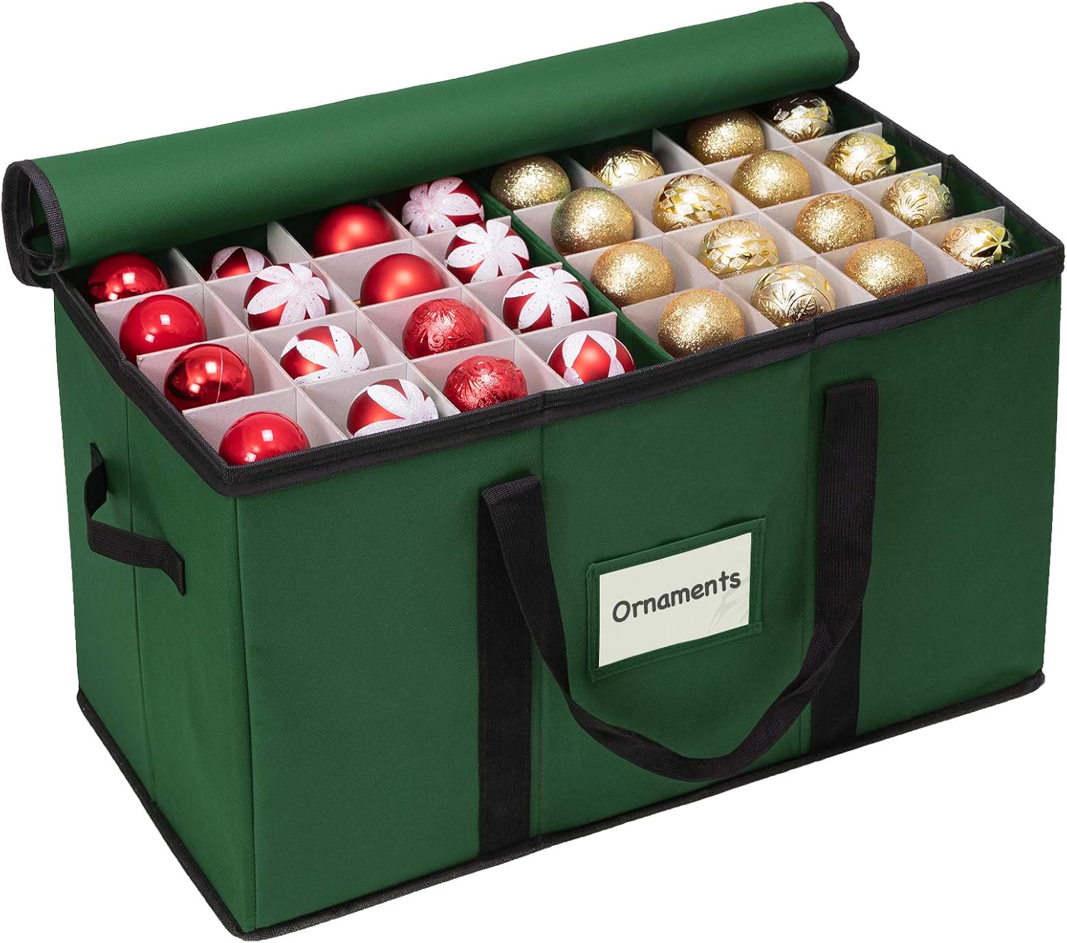 WBHome Christmas Ornament Storage Box with Lid, 3''& 4'' Compartment Storage Container with Adjustable Dividers, Keeps 114 Holiday Ornaments & Decoration Accessories, Green