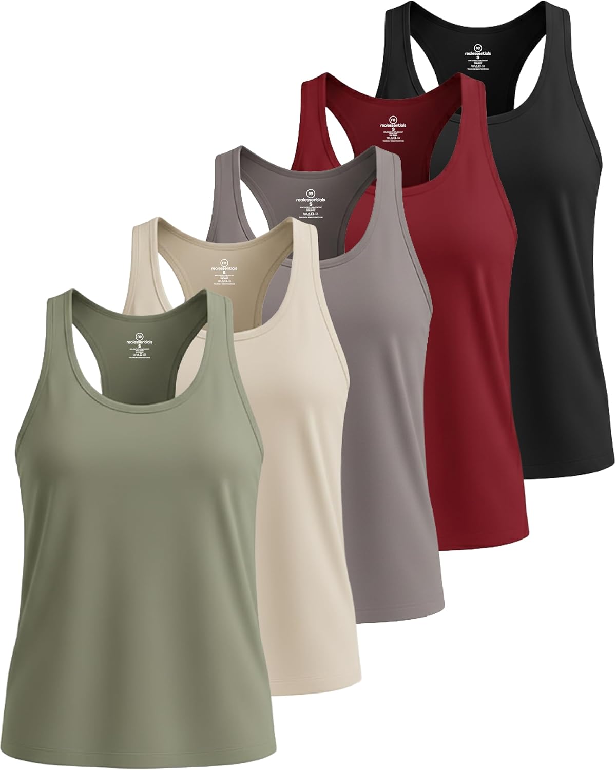 Real Essentials 5 Pack: Women's Dry Fit Tank Top - Racerback Sleeveless Workout Athletic Gym Shirt (Available in Plus)