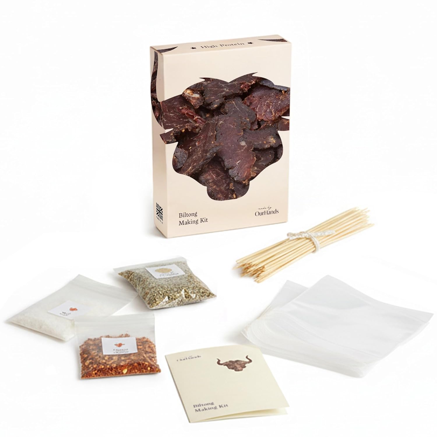 Biltong Making Kit by OurHands - Make Your Own Biltong with Seasoning, Spices, and Step-By-Step Instructions - Makes 3 Different Recipes