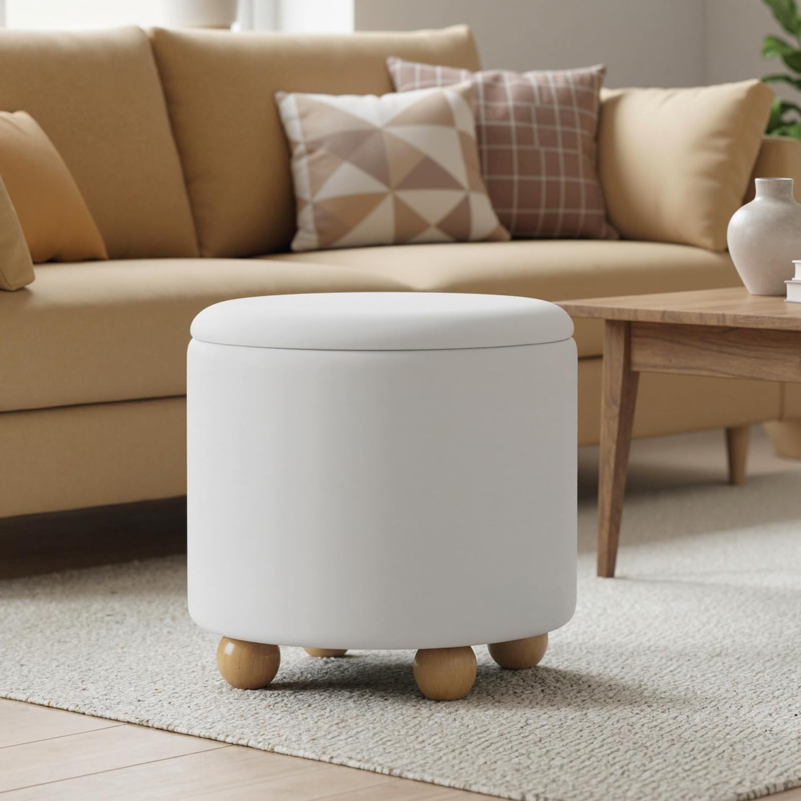 COSTWAY Pouf Contenitore 35 L, Ottomano in Tessuto Ciniglia con Coperchio Rimovibile, Sgabello con Gambe in Legno di Gomma, Portata 150 kg, per Soggiorno e Camera da Letto (Bianco)